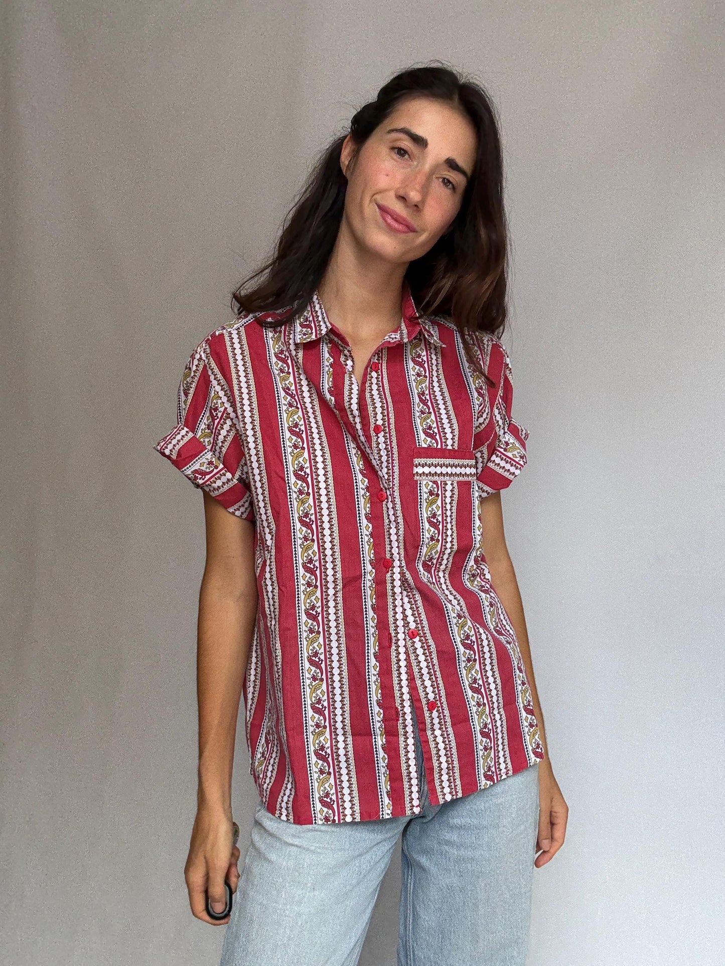 Vintage red patterned button, up shirt, cotton feel, relaxed fit, collared neckline, vibrant stripe and floral motif, bohemian vibe, US M