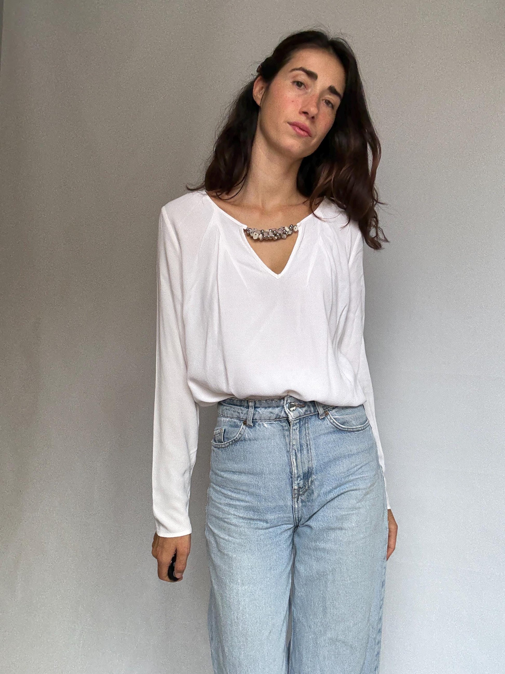 Pedro del Hierro Sport white blouse with beaded neckline detail, elegant chic, US L, evening versatile