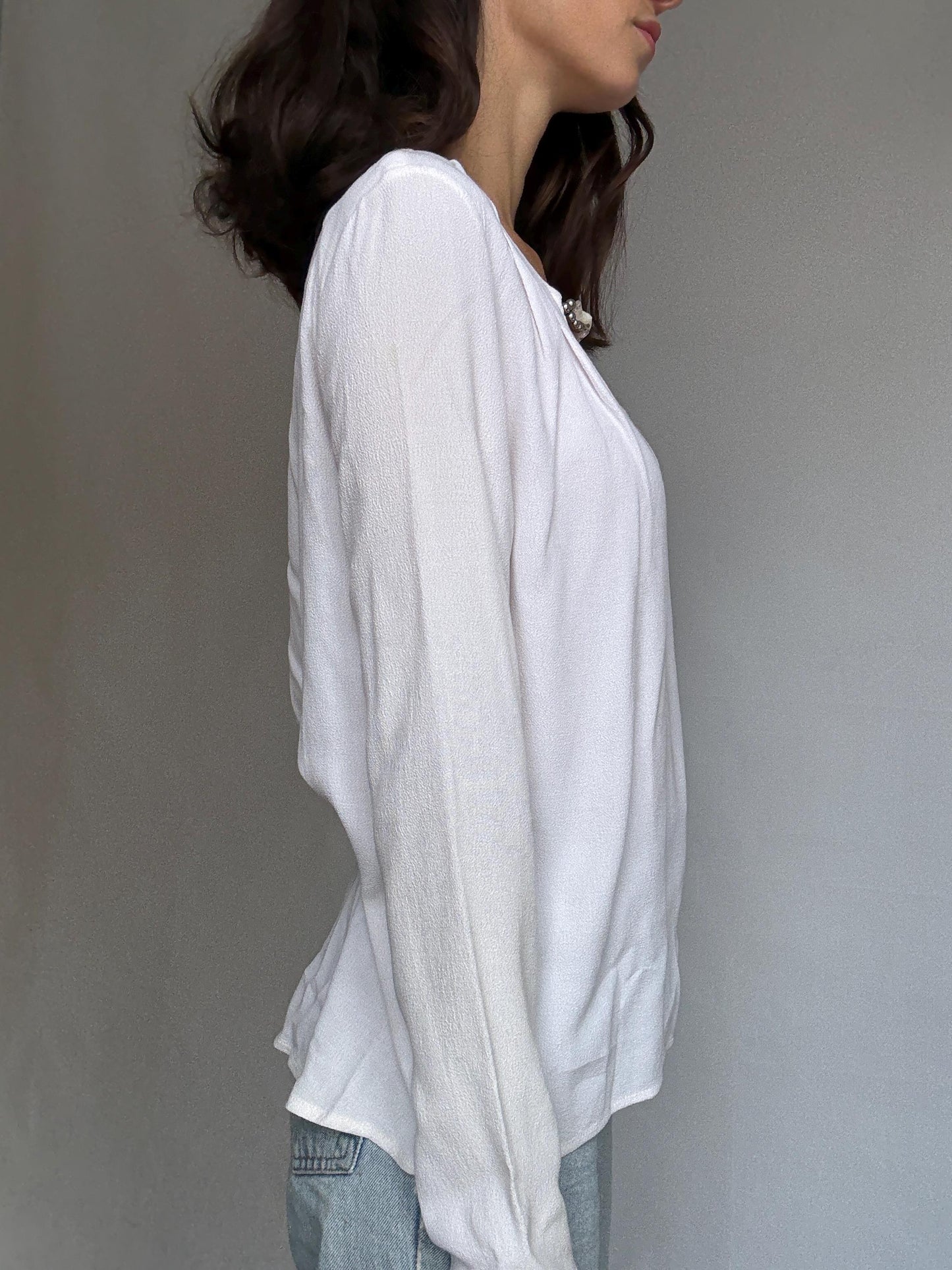 Pedro del Hierro Sport white blouse with beaded neckline detail, elegant chic, US L, evening versatile