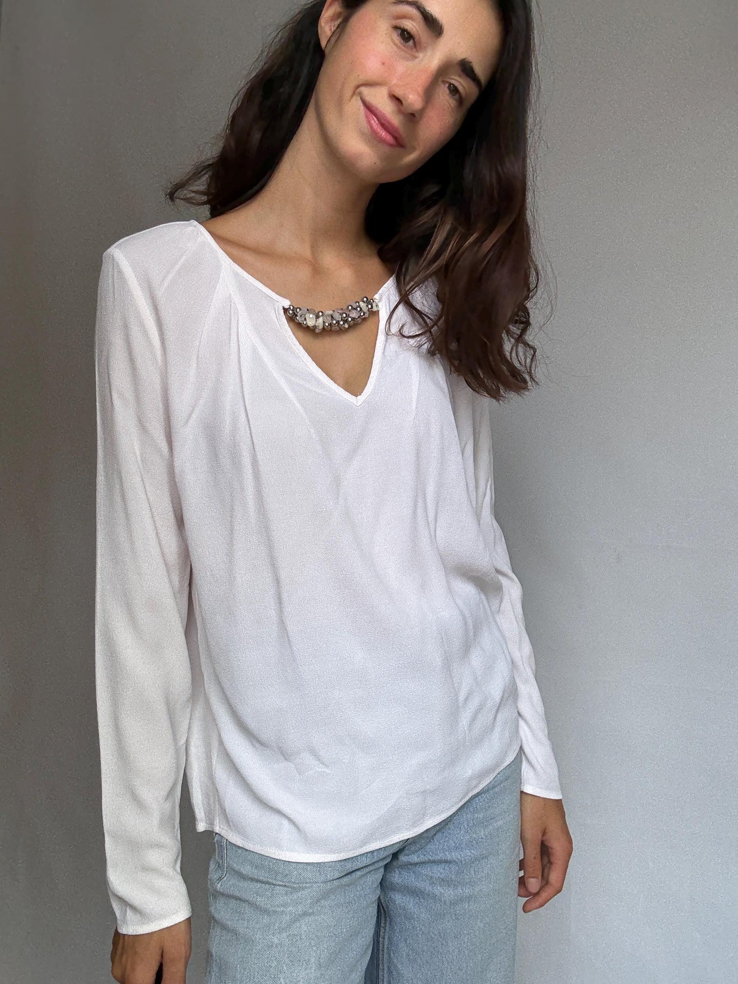 Pedro del Hierro Sport white blouse with beaded neckline detail, elegant chic, US L, evening versatile