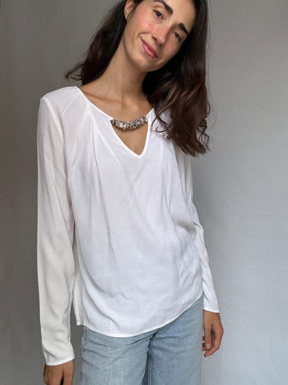 White Blouse With Beaded Neckline Detail — fabric close-up