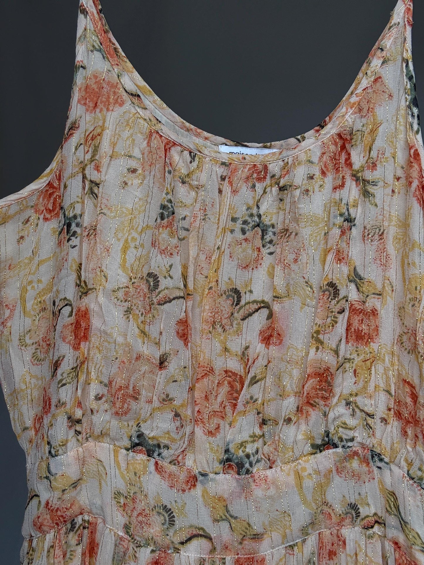 Maison Hotel peach floral maxi dress, cotton lining, flowy fit, side zipper, gold threading, bohemian Rosie huntington, whiteley, US XS