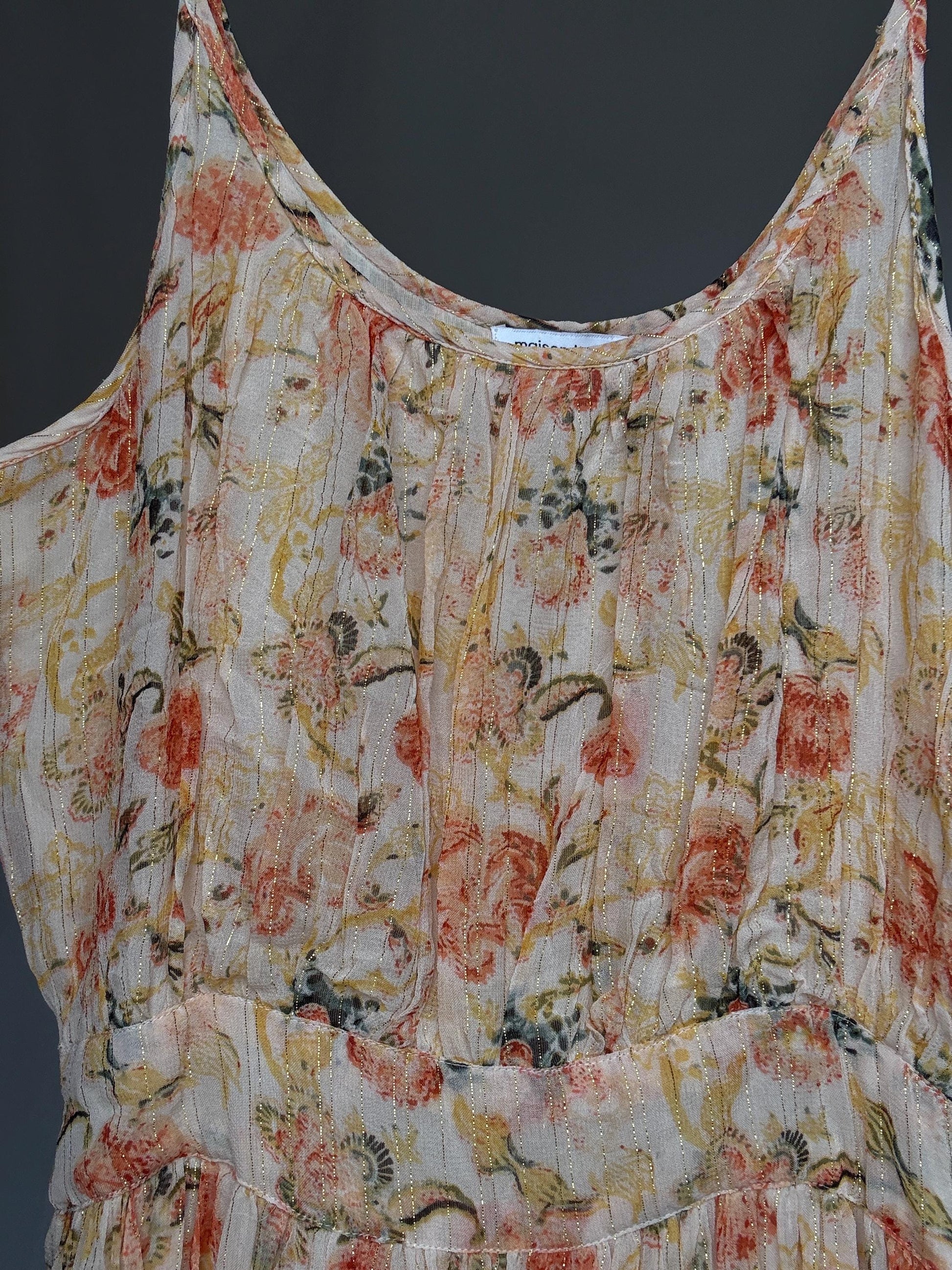 Maison Hotel peach floral maxi dress, cotton lining, flowy fit, side zipper, gold threading, bohemian Rosie huntington, whiteley, US XS