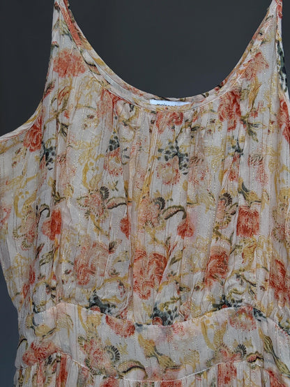 Maison Hotel peach floral maxi dress, cotton lining, flowy fit, side zipper, gold threading, bohemian Rosie huntington, whiteley, US XS