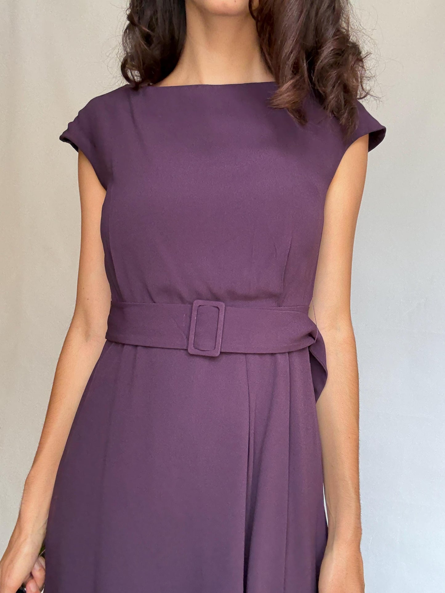 Massimo Dutti purple formal dress, viscose, fitted with back zipper, matching belt, elegant evening wear, US S, formal occasion