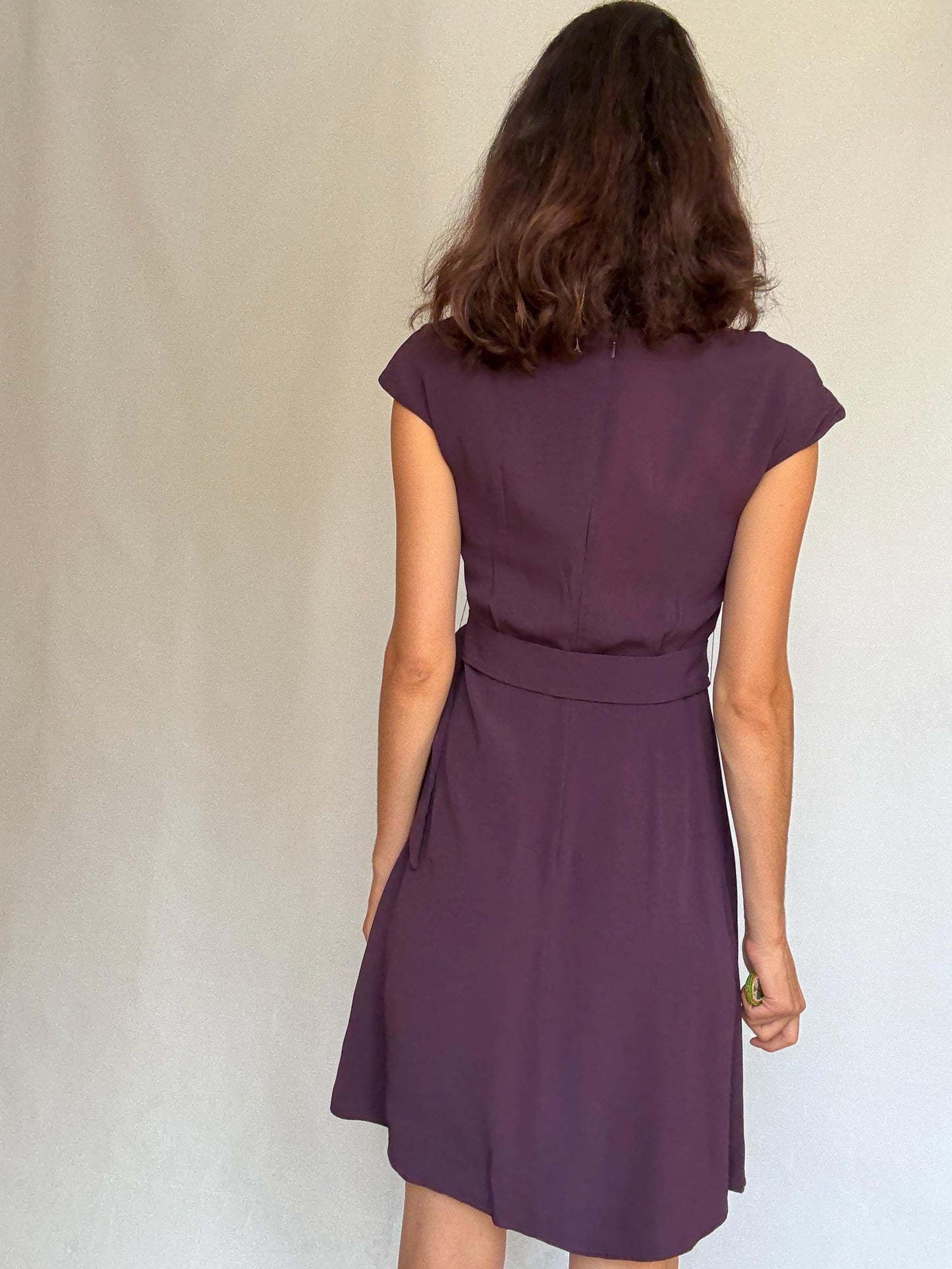 Massimo Dutti purple formal dress, viscose, fitted with back zipper, matching belt, elegant evening wear, US S, formal occasion