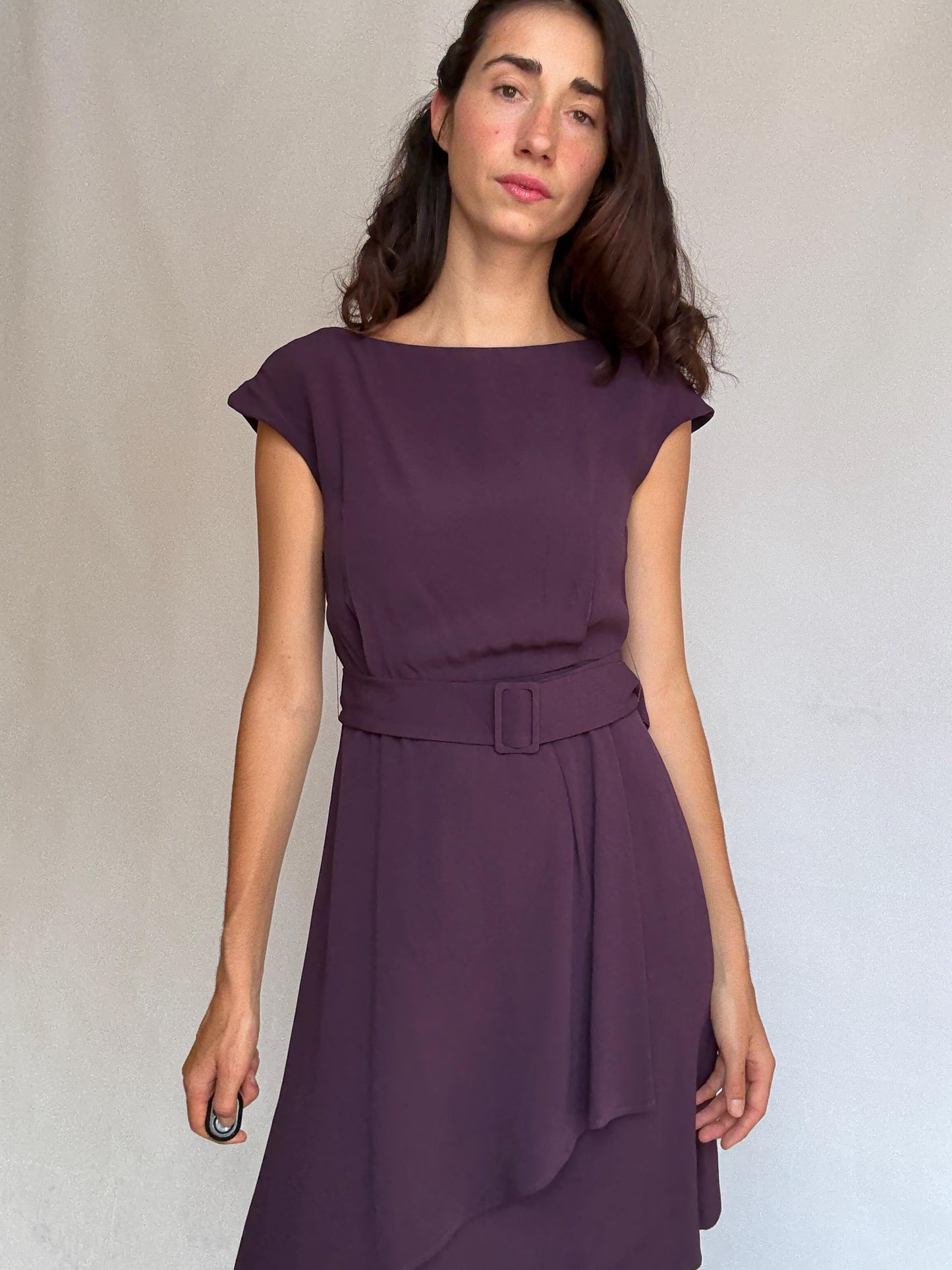 Massimo Dutti purple formal dress, viscose, fitted with back zipper, matching belt, elegant evening wear, US S, formal occasion