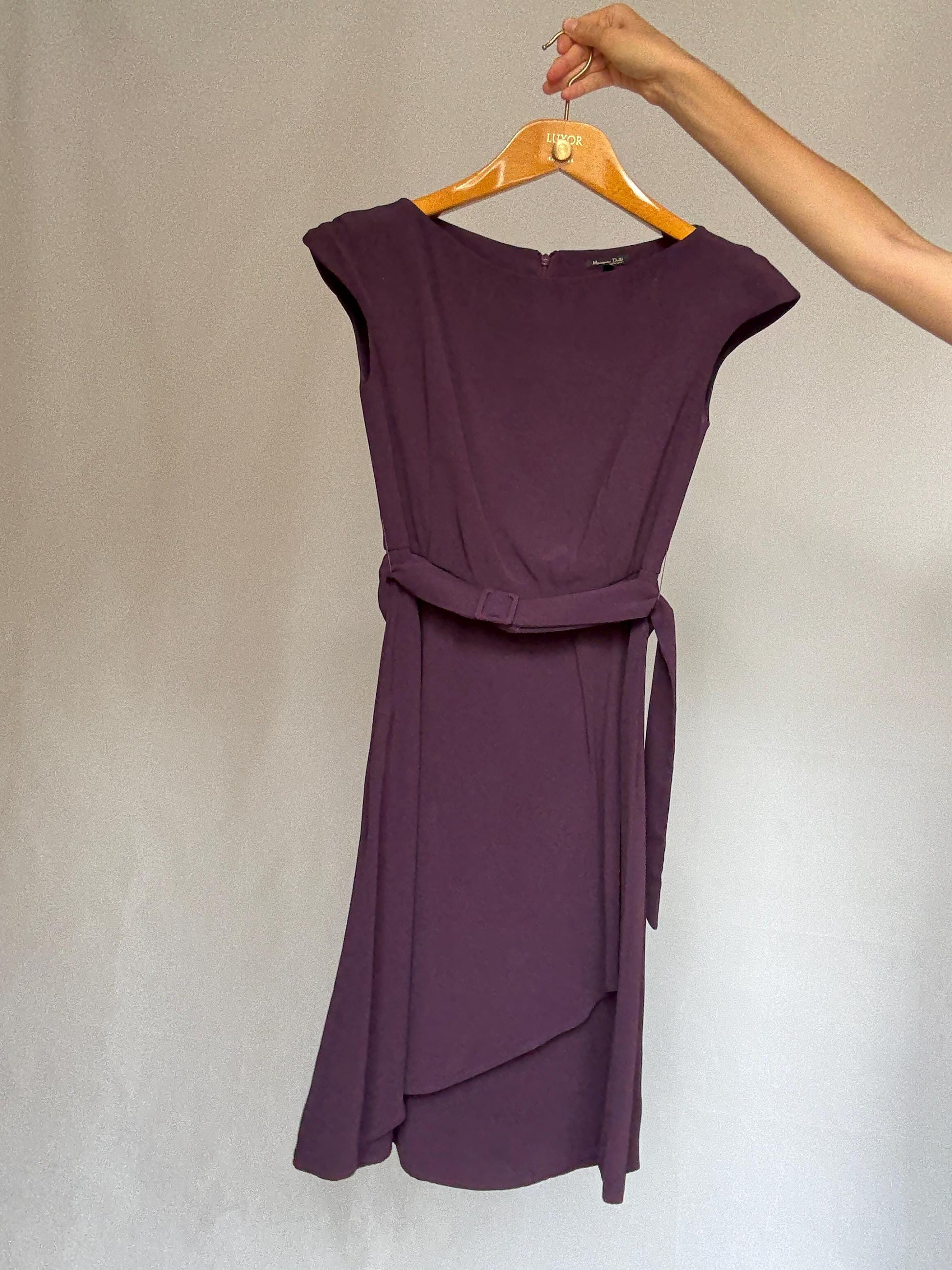 Massimo Dutti purple formal dress, viscose, fitted with back zipper, matching belt, elegant evening wear, US S, formal occasion