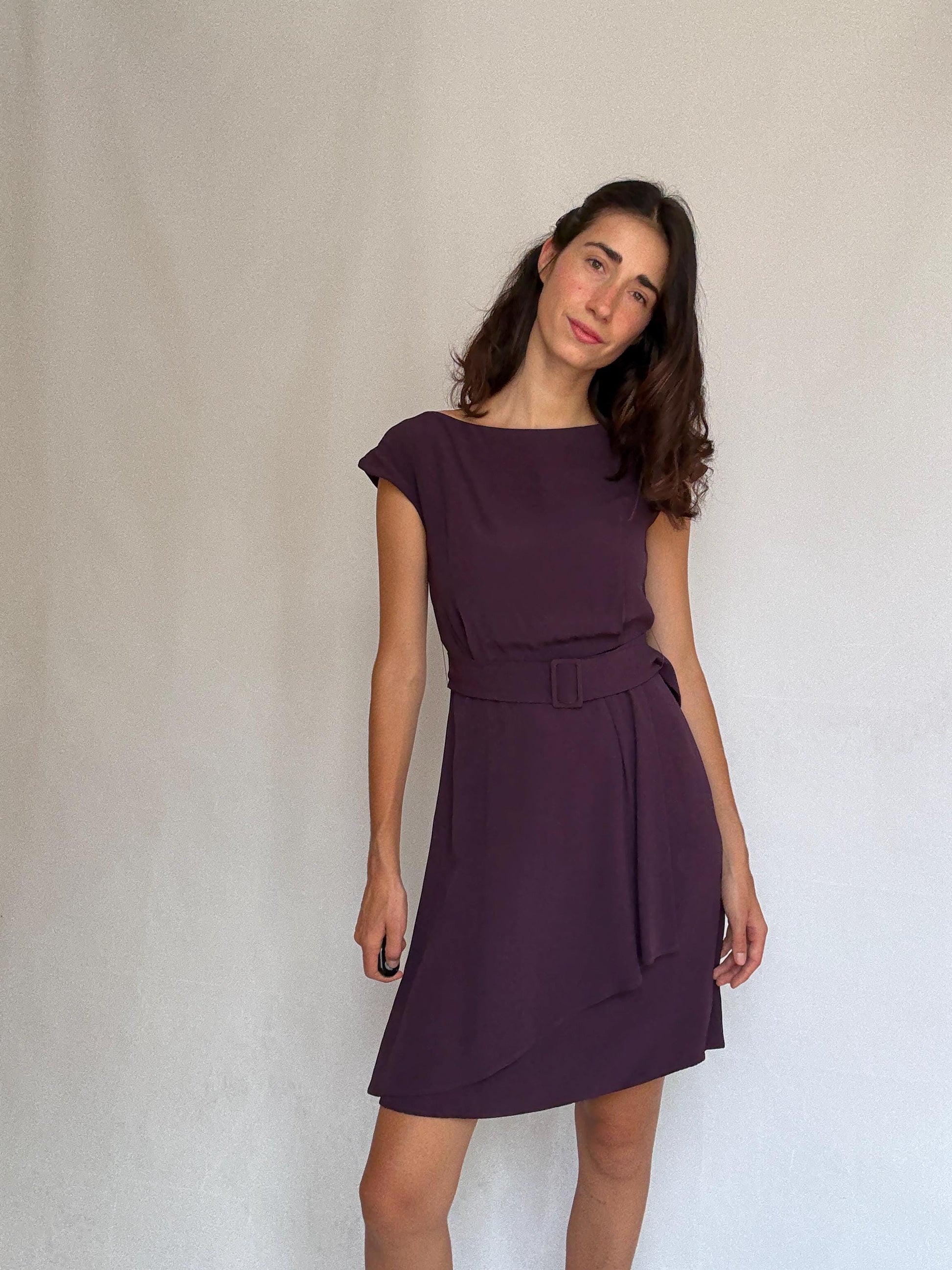 Massimo Dutti purple formal dress, viscose, fitted with back zipper, matching belt, elegant evening wear, US S, formal occasion