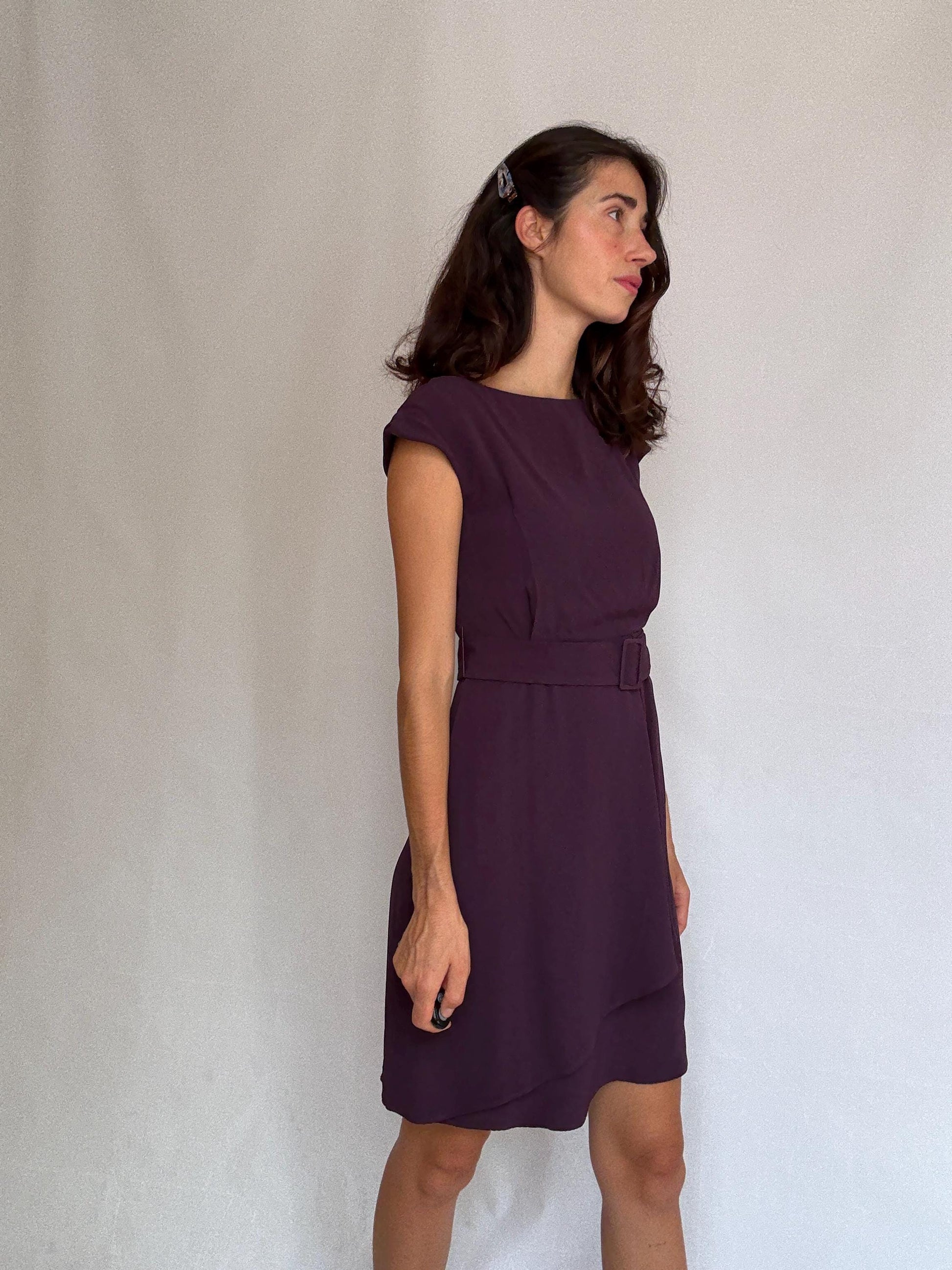 Massimo Dutti purple formal dress, viscose, fitted with back zipper, matching belt, elegant evening wear, US S, formal occasion