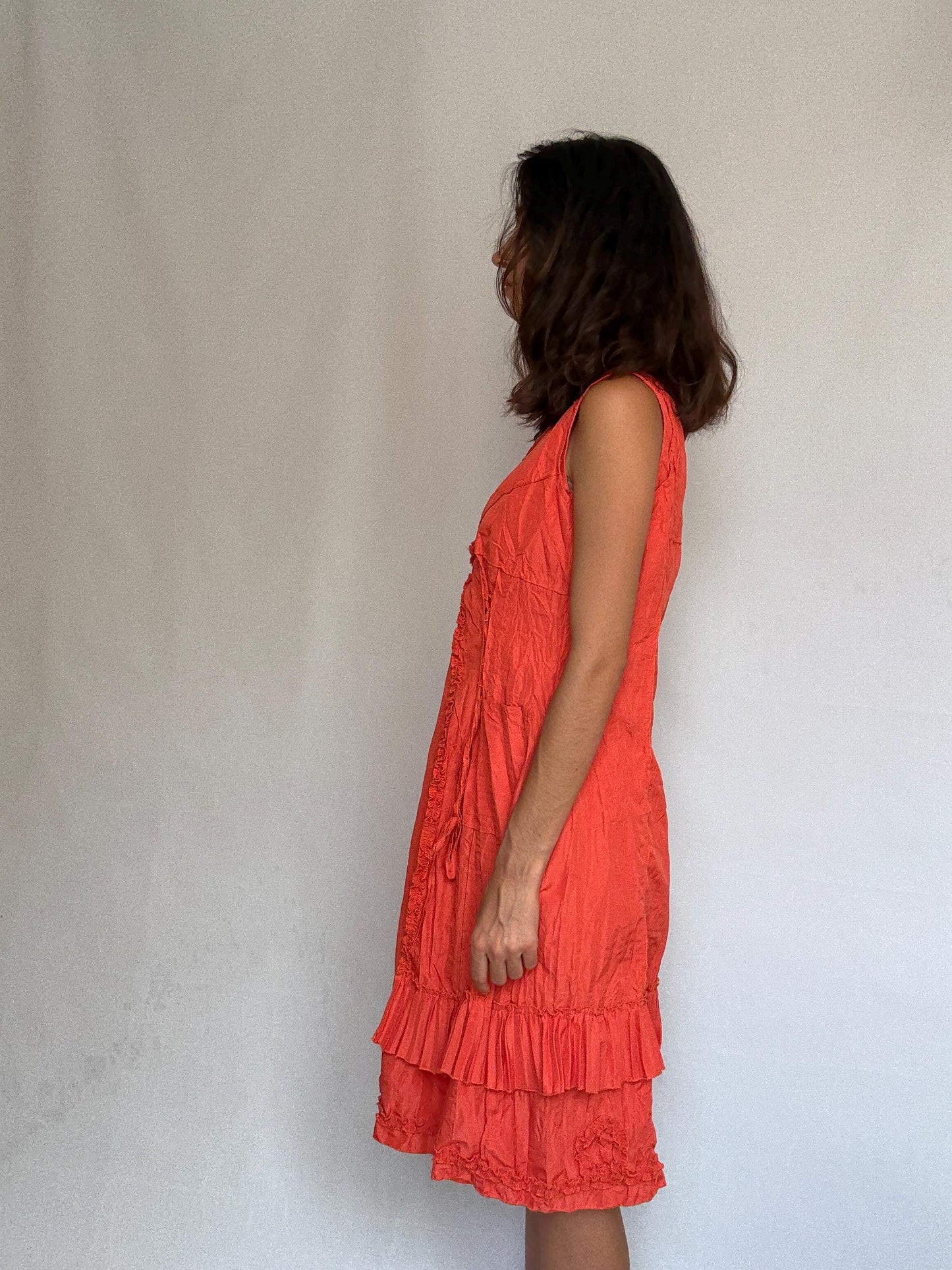 Vintage warm orange dress, cotton feel, alternative fit, side zipper, crinkled texture, bohemian casual vibe daywear, US Size L,