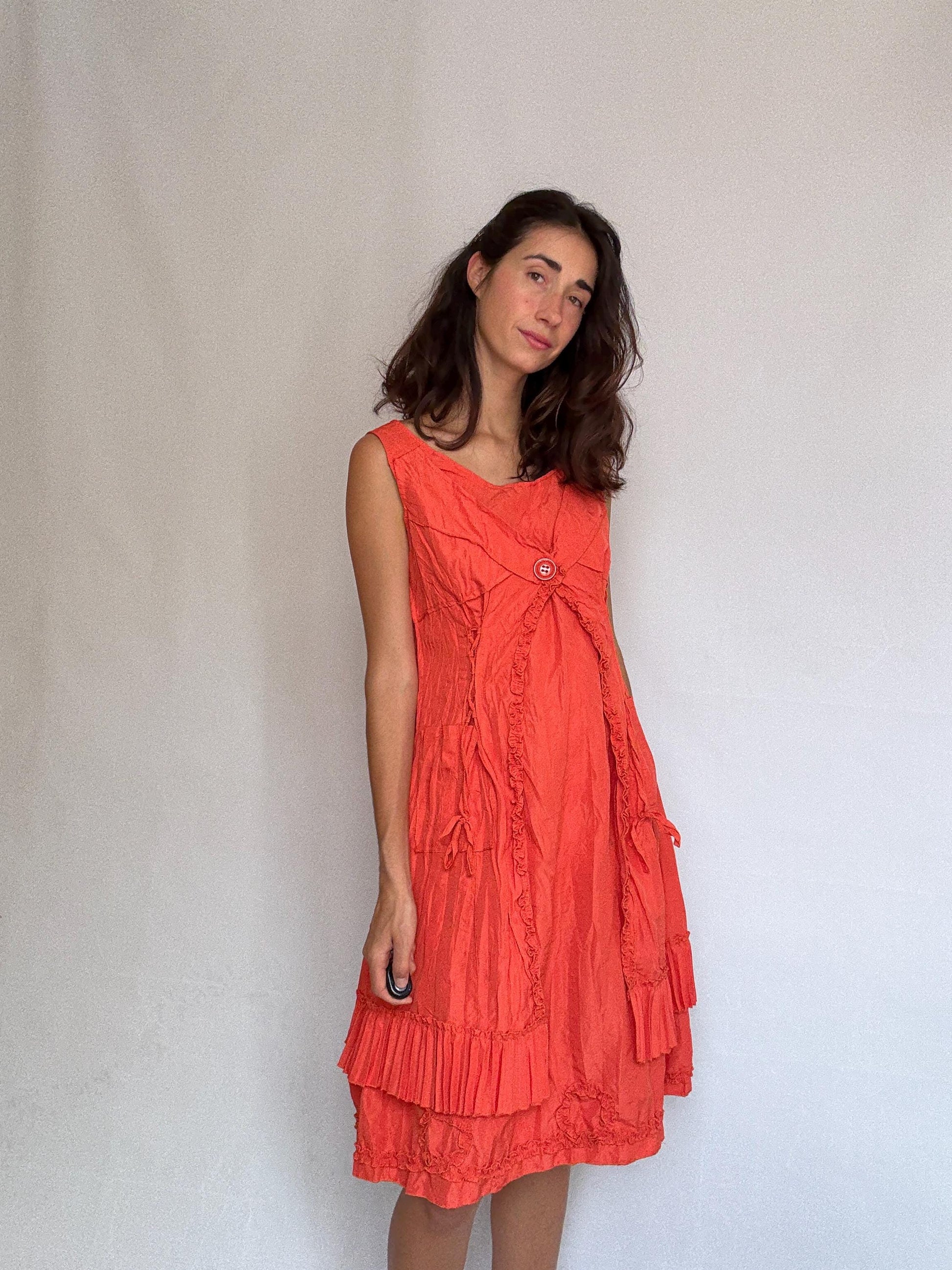 Vintage warm orange dress, cotton feel, alternative fit, side zipper, crinkled texture, bohemian casual vibe daywear, US Size L,