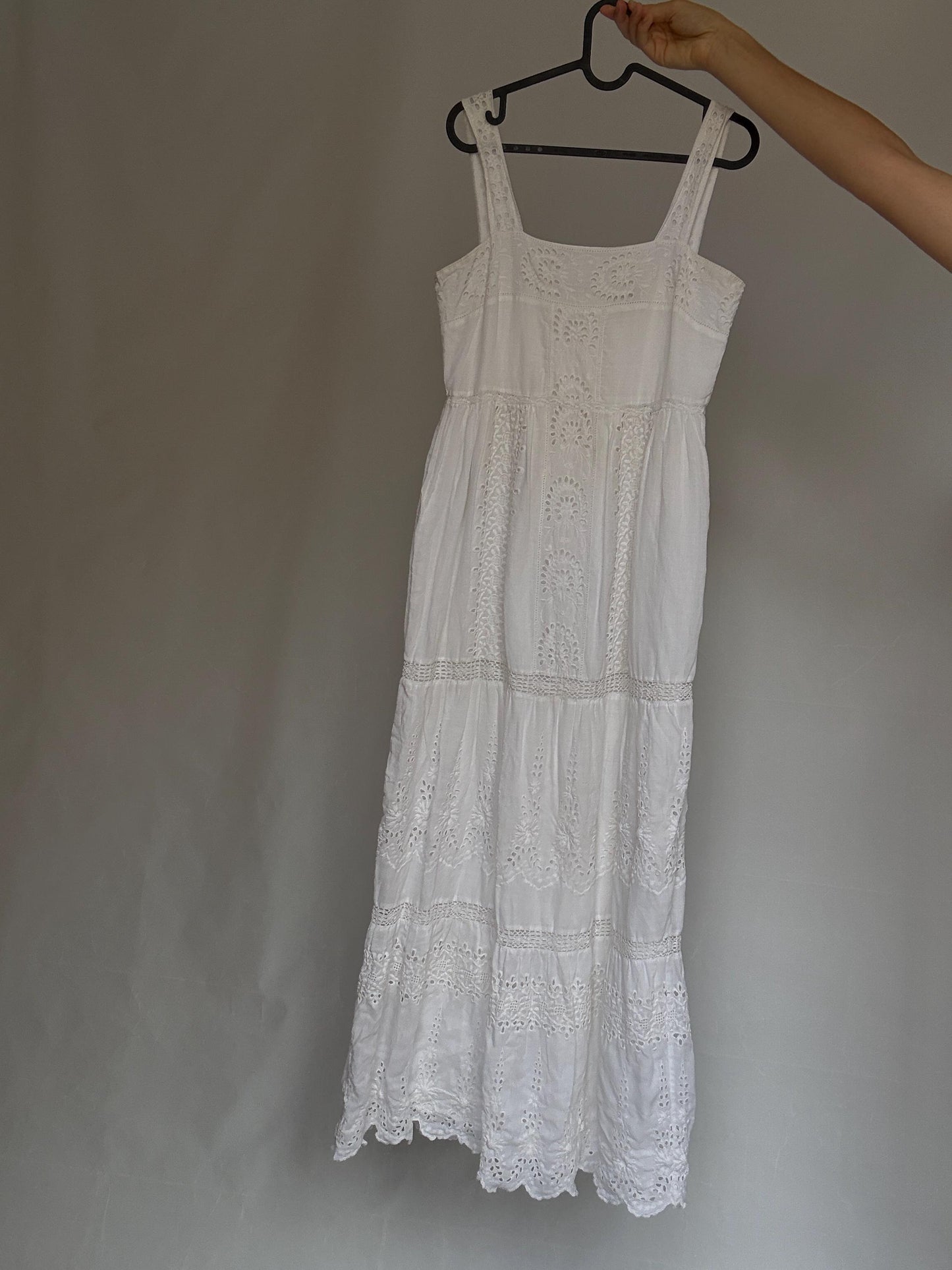 Eyelet fabric white long dress, Wedding guest fitted bodice, Summer party intricate broderie anglaise, elegant minimalist, US XS,