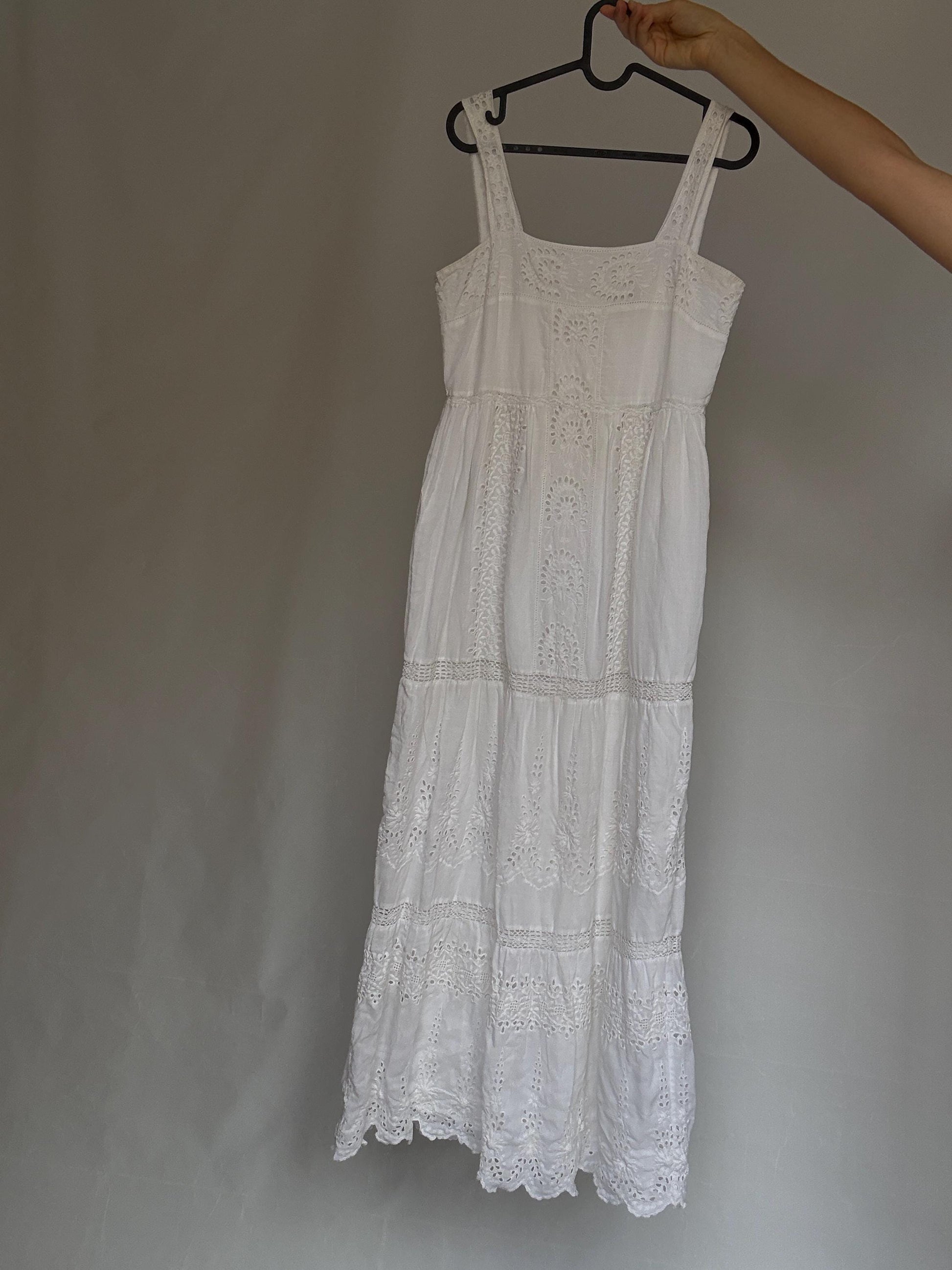 Eyelet fabric white long dress, Wedding Summer party broderie anglaise, US XS