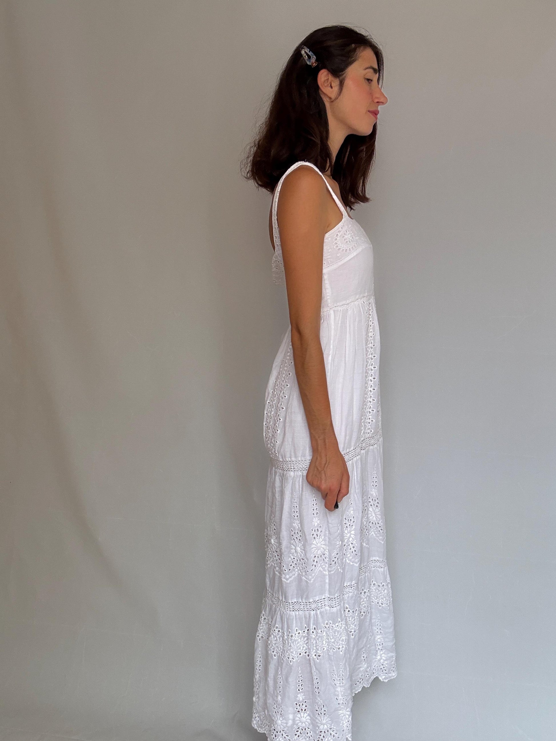 Eyelet fabric white long dress, Wedding guest fitted bodice, Summer party intricate broderie anglaise, elegant minimalist, US XS,