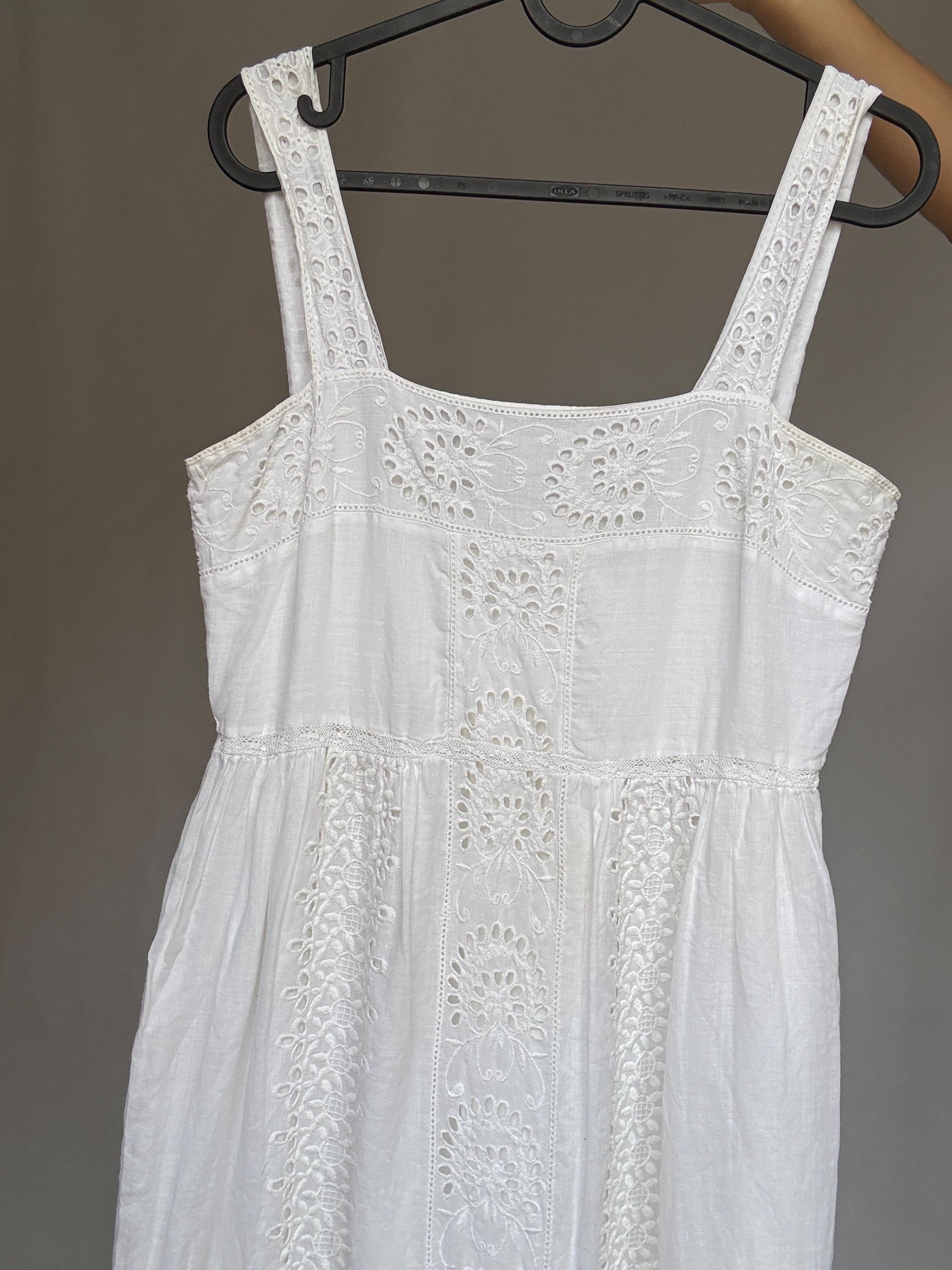 Eyelet fabric white long dress, Wedding guest fitted bodice, Summer party intricate broderie anglaise, elegant minimalist, US XS,