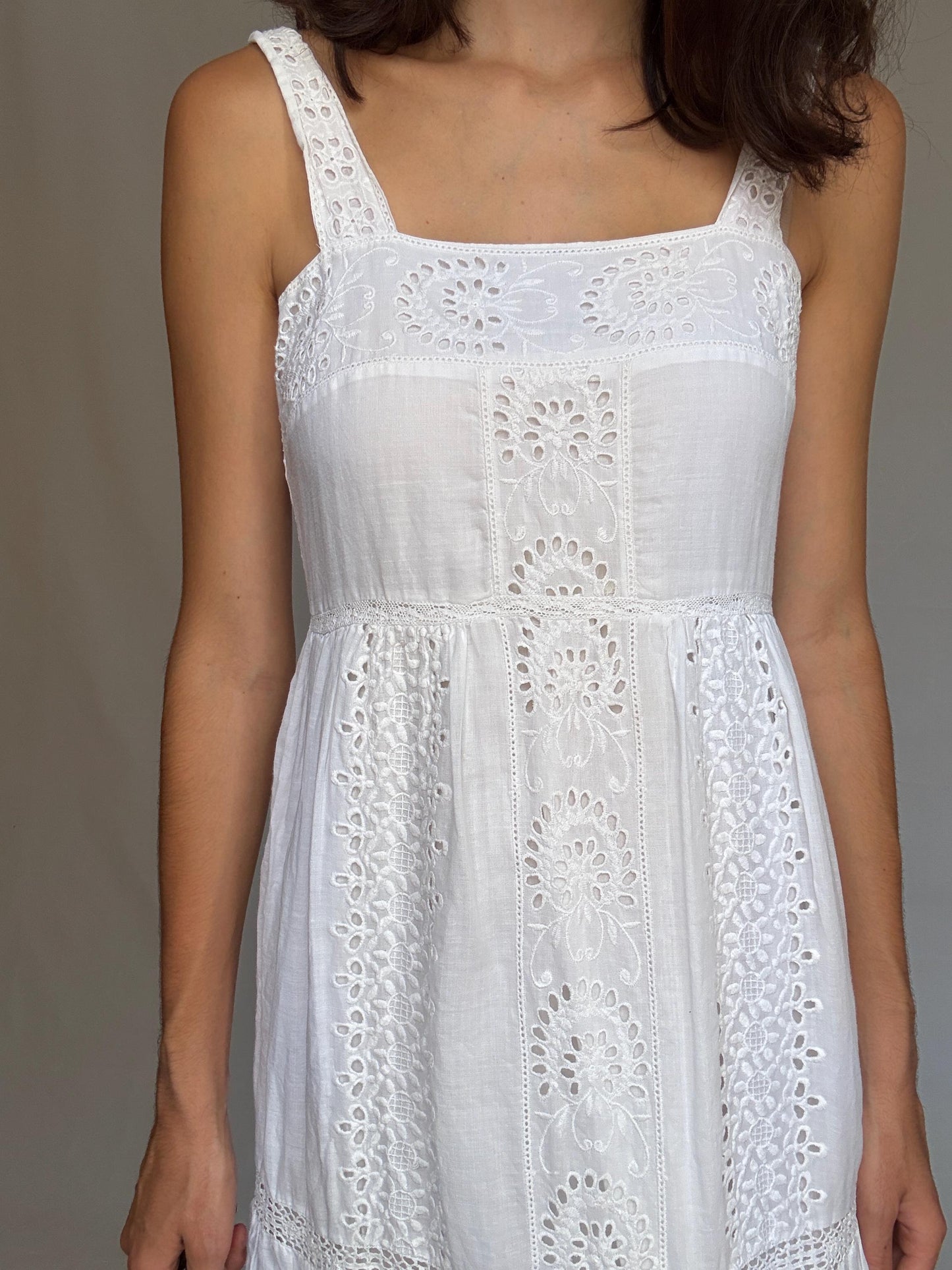 Eyelet fabric white long dress, Wedding guest fitted bodice, Summer party intricate broderie anglaise, elegant minimalist, US XS,