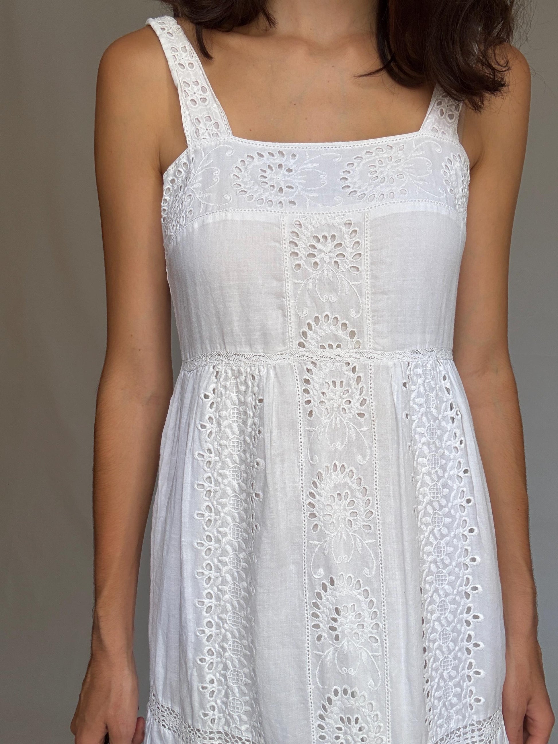 Eyelet fabric white long dress, Wedding guest fitted bodice, Summer party intricate broderie anglaise, elegant minimalist, US XS,