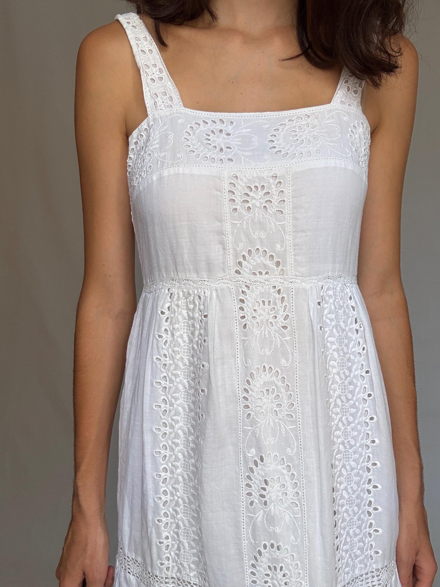 Eyelet fabric white long dress, Wedding Summer party broderie anglaise, US XS