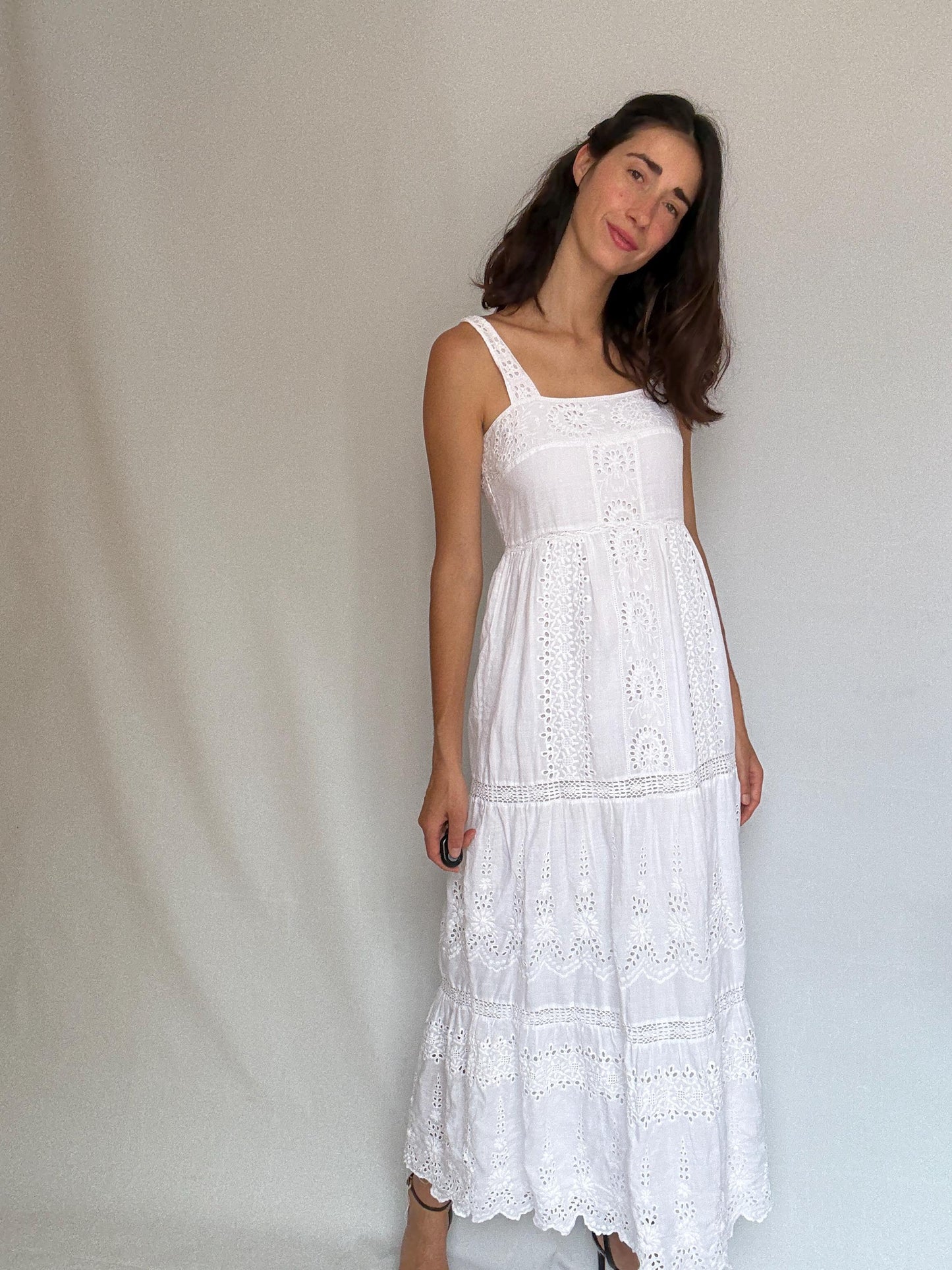 Eyelet fabric white long dress, Wedding guest fitted bodice, Summer party intricate broderie anglaise, elegant minimalist, US XS,