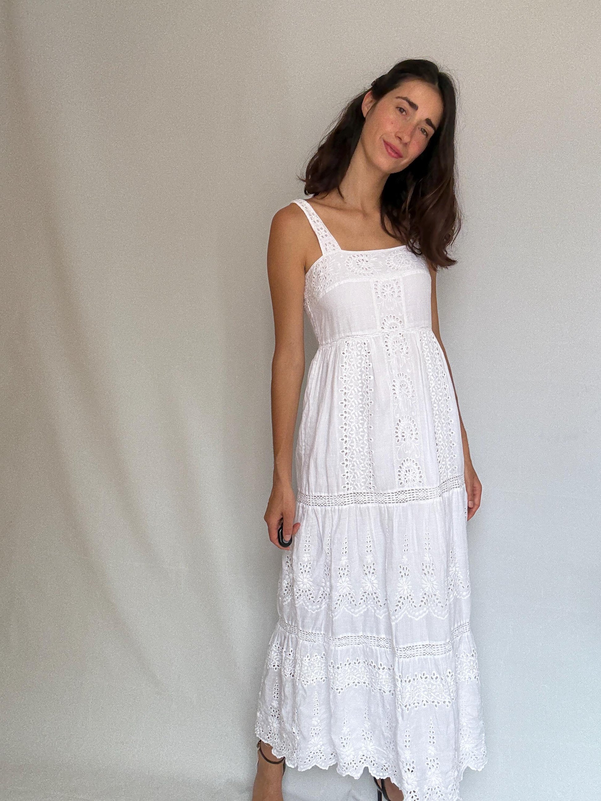 Eyelet fabric white long dress, Wedding guest fitted bodice, Summer party intricate broderie anglaise, elegant minimalist, US XS,