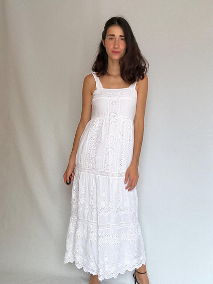 Eyelet fabric white long dress, Wedding Summer party broderie anglaise, US XS