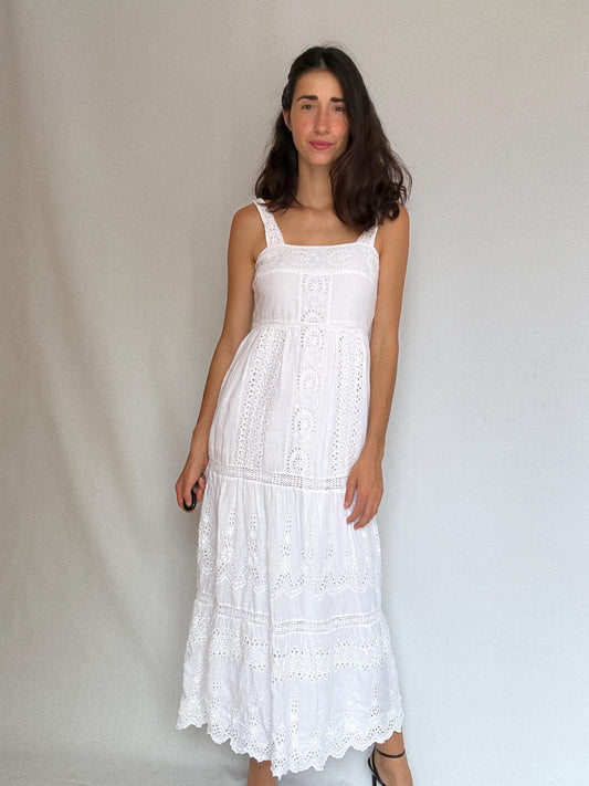 Eyelet fabric white long dress, Wedding guest fitted bodice, Summer party intricate broderie anglaise, elegant minimalist, US XS,