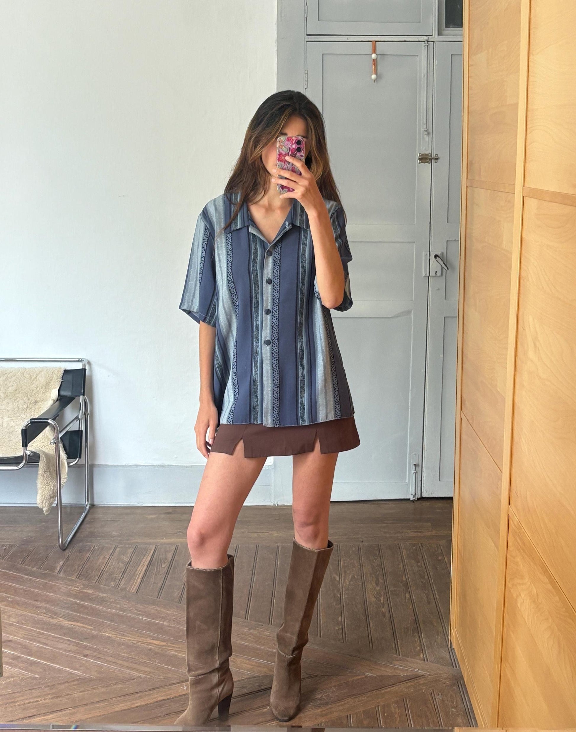 Vintage Aaron Design striped blue shirt made in England, unisex boxy fit retro button up, Groovy 80s - 90s fashion, Size L