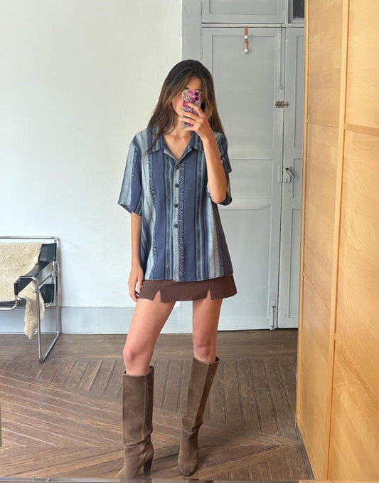 Vintage Aaron Design striped blue shirt made in England, unisex boxy fit retro button up, Groovy 80s - 90s fashion, Size L