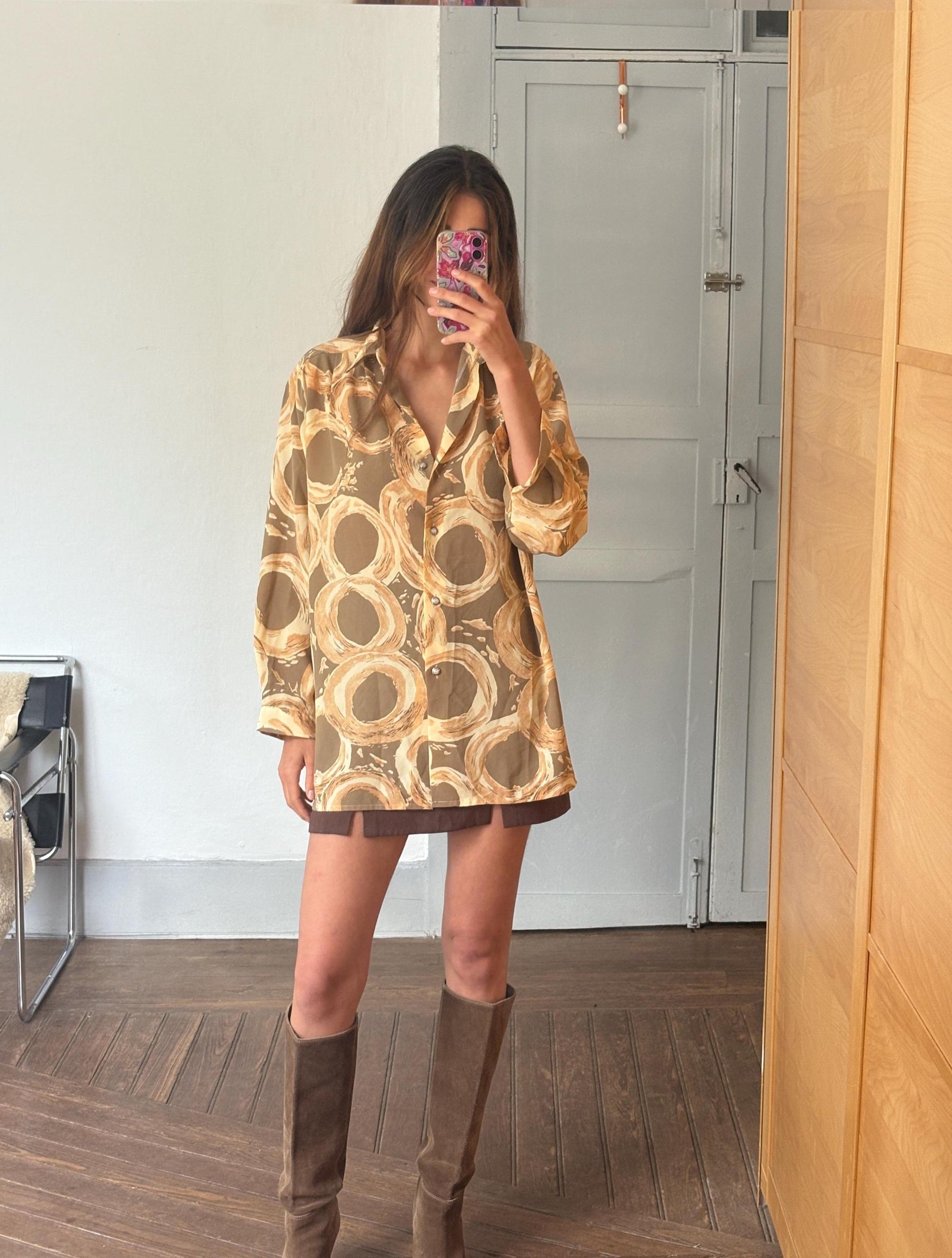 Vintage groovy abstract print summer blouse, oversized fit, breezy and cool, 70s retro vibes,