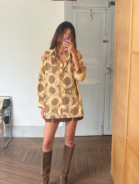 Vintage groovy abstract print summer blouse, oversized fit, breezy and cool, 70s retro vibes,