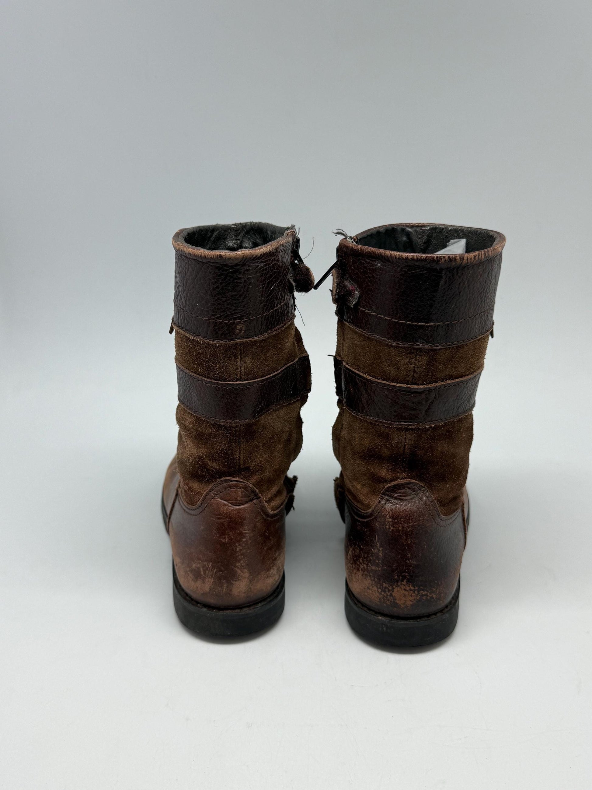 Brown leather children's boots, mid calf height, side zipper, buckle straps, rustic classic, US 13-1, outdoor adventure