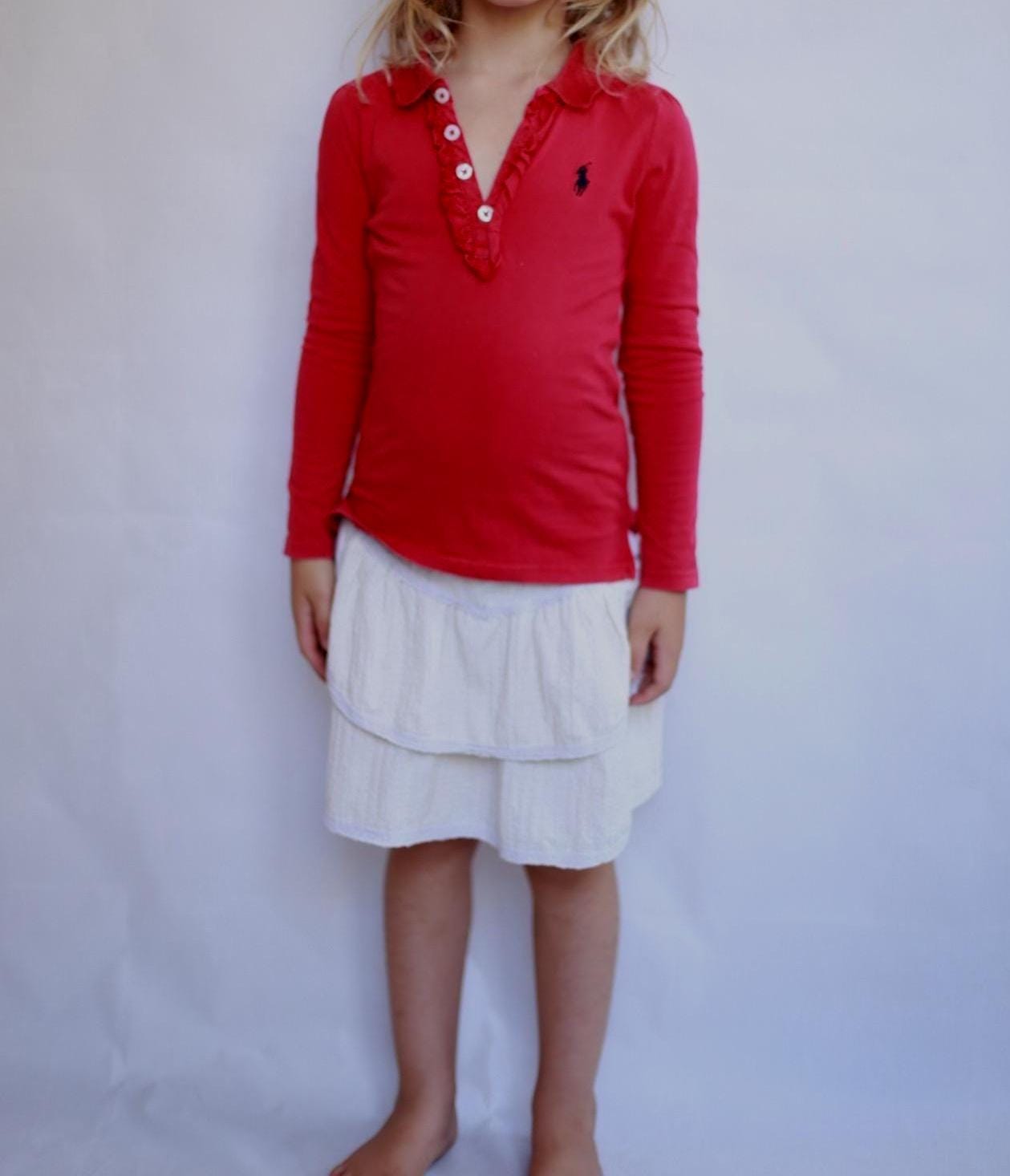 Ralph Lauren red shirt,, classic fit, collared with ruffled trim, preppy Kate Middleton style, US 6
