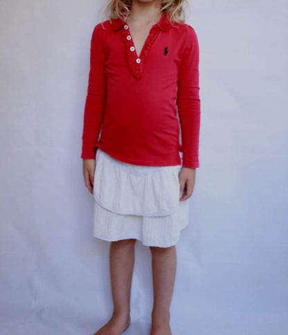 Ralph Lauren red shirt,, classic fit, collared with ruffled trim, preppy Kate Middleton style, US 6