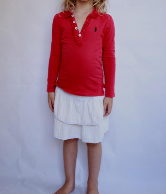Ralph Lauren red shirt,, classic fit, collared with ruffled trim, preppy Kate Middleton style, US 6