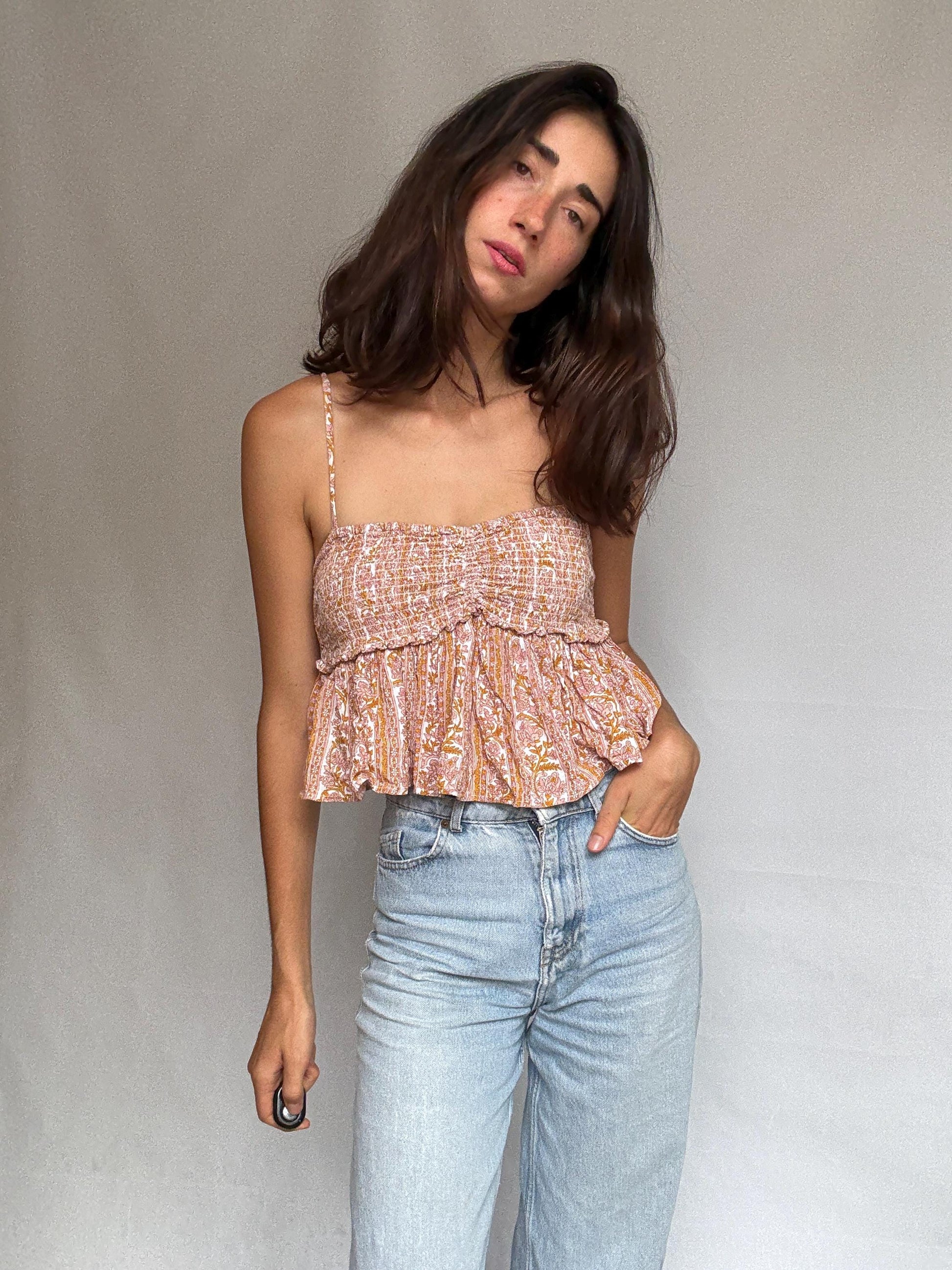 Boho crop top, shirred bodice tank, peplum hem, bohemian sky ferreira, US XS - S, street festival vibe woman clothing