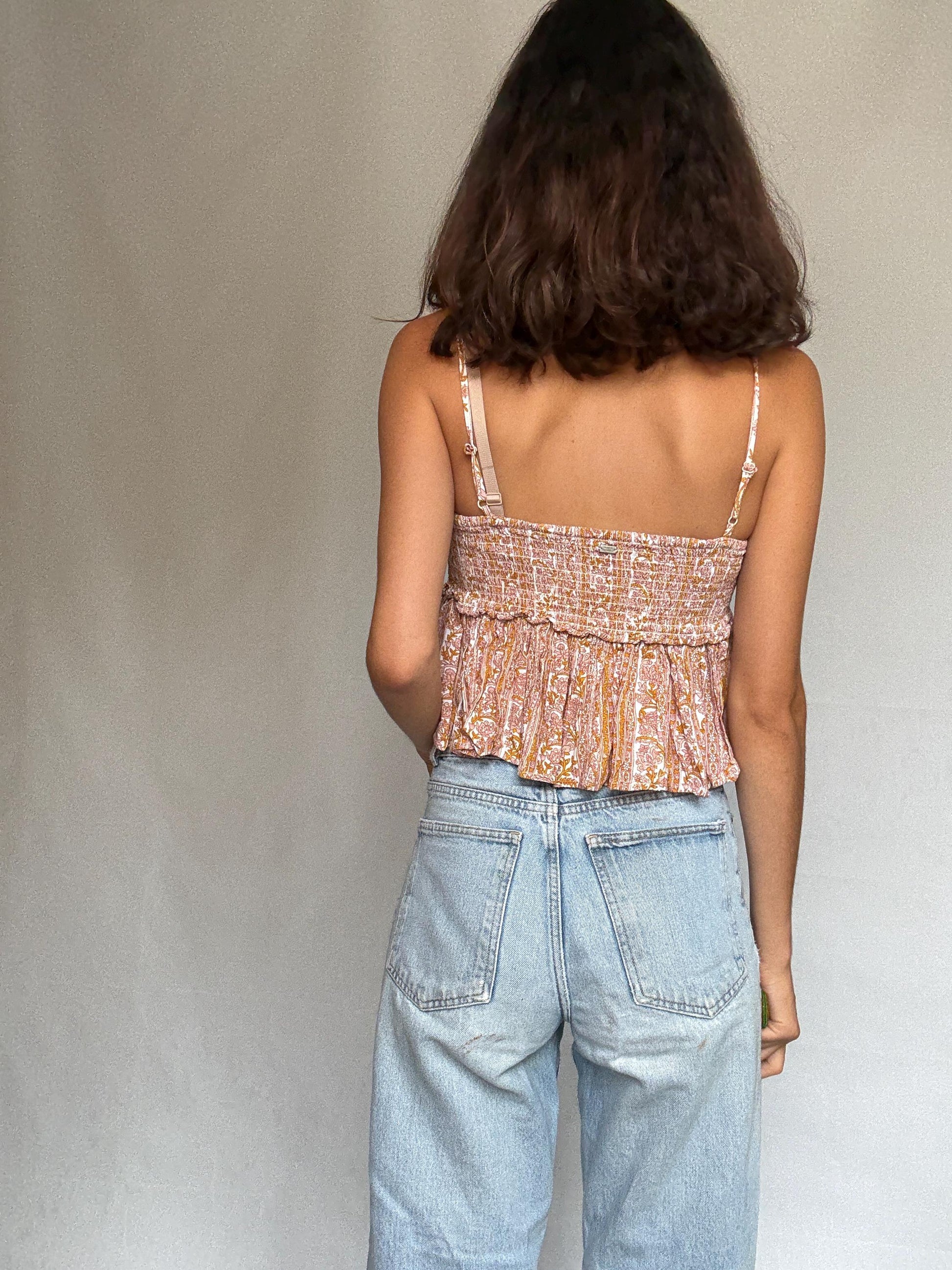 Boho crop top, shirred bodice tank, peplum hem, bohemian sky ferreira, US XS - S, street festival vibe woman clothing