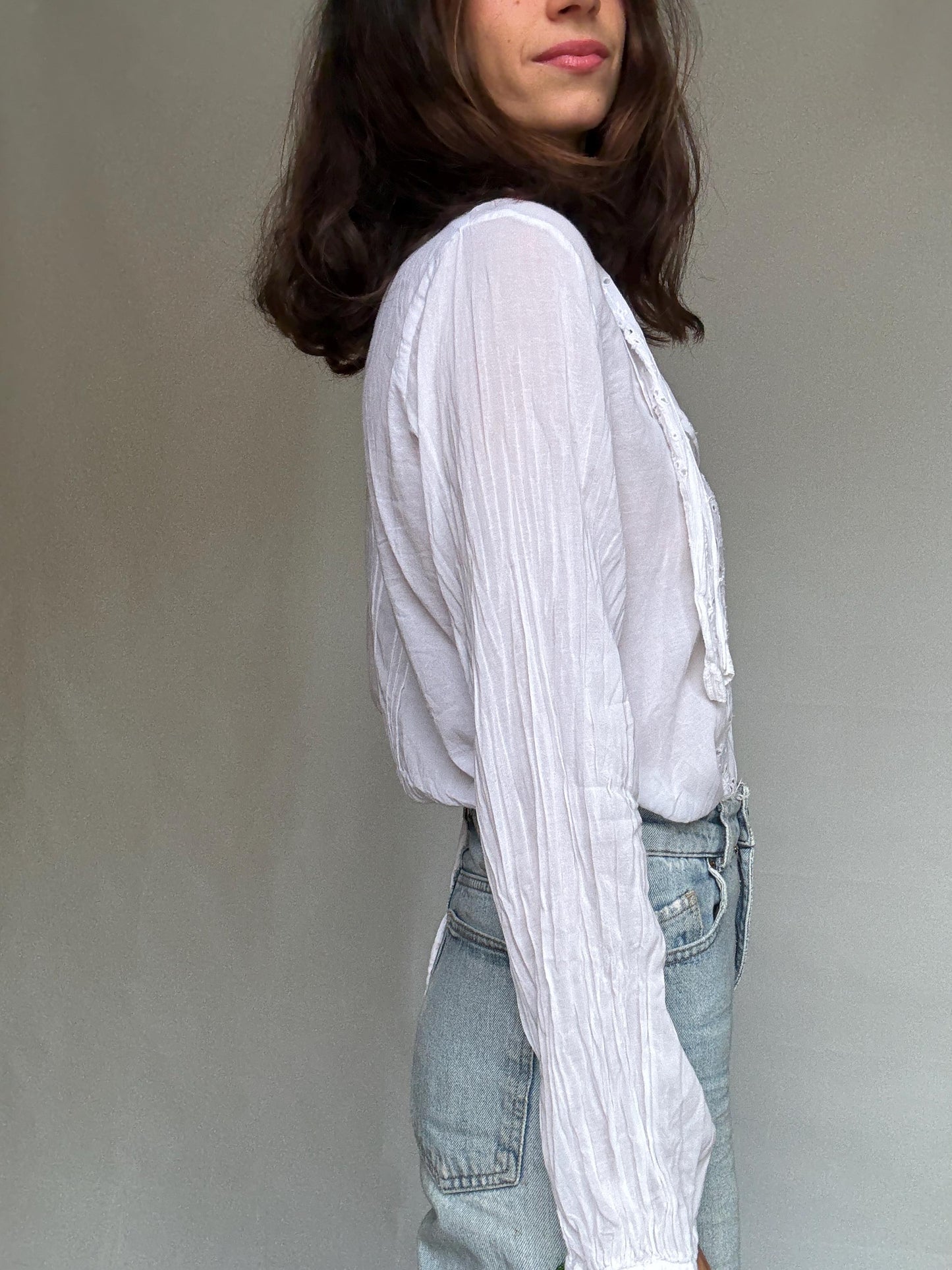 Malene Birger white blouse, cotton blend, relaxed fit, floral eyelet embroidery, tie, neck feature, romantic Florence Welch, US L