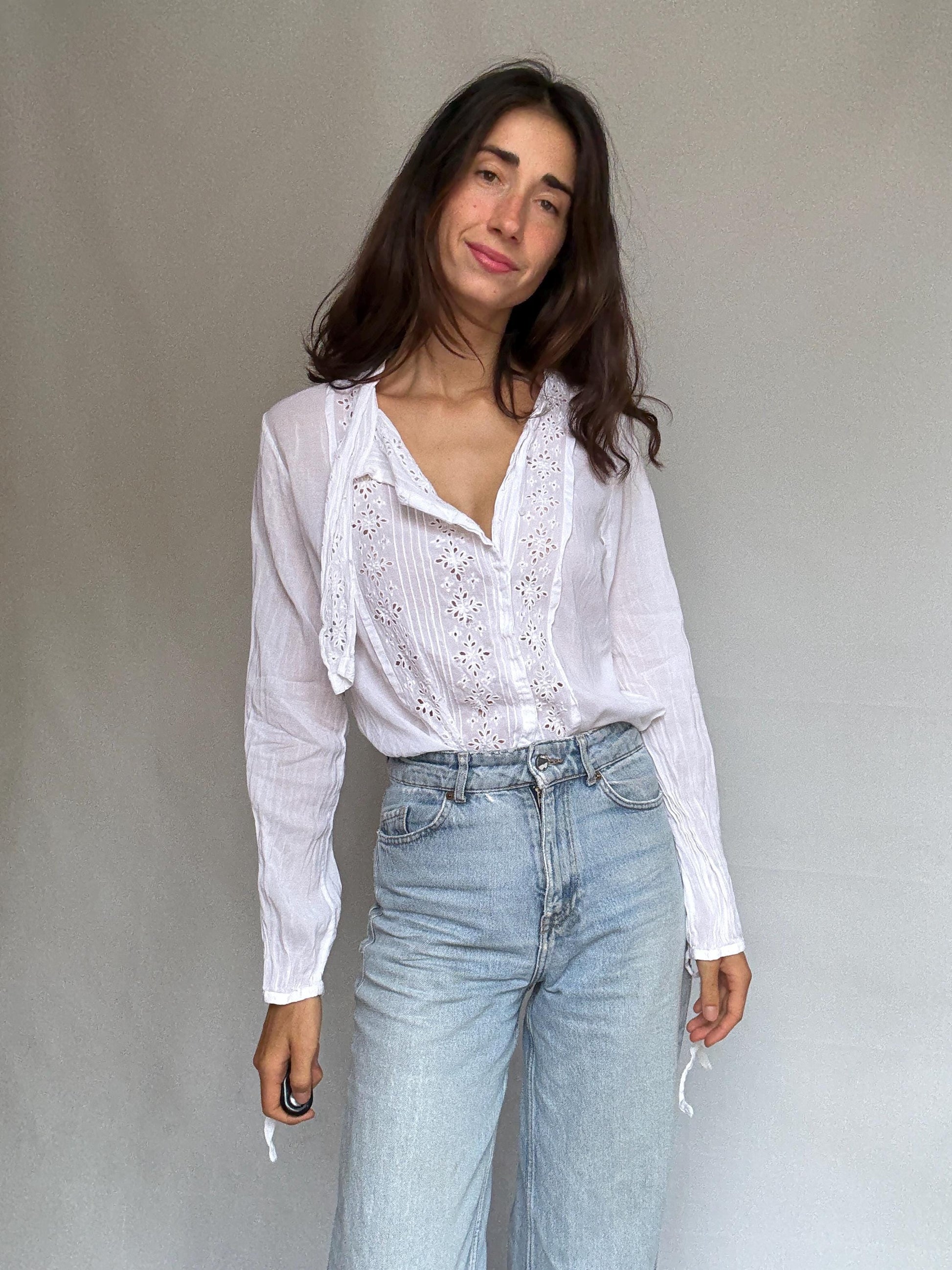 Malene Birger white blouse, cotton blend, relaxed fit, floral eyelet embroidery, tie, neck feature, romantic Florence Welch, US L