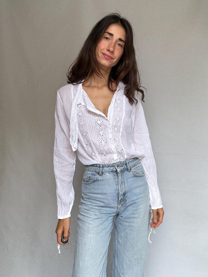 Malene Birger Floral Eyelet Cotton Blend Blouse — fabric close-up