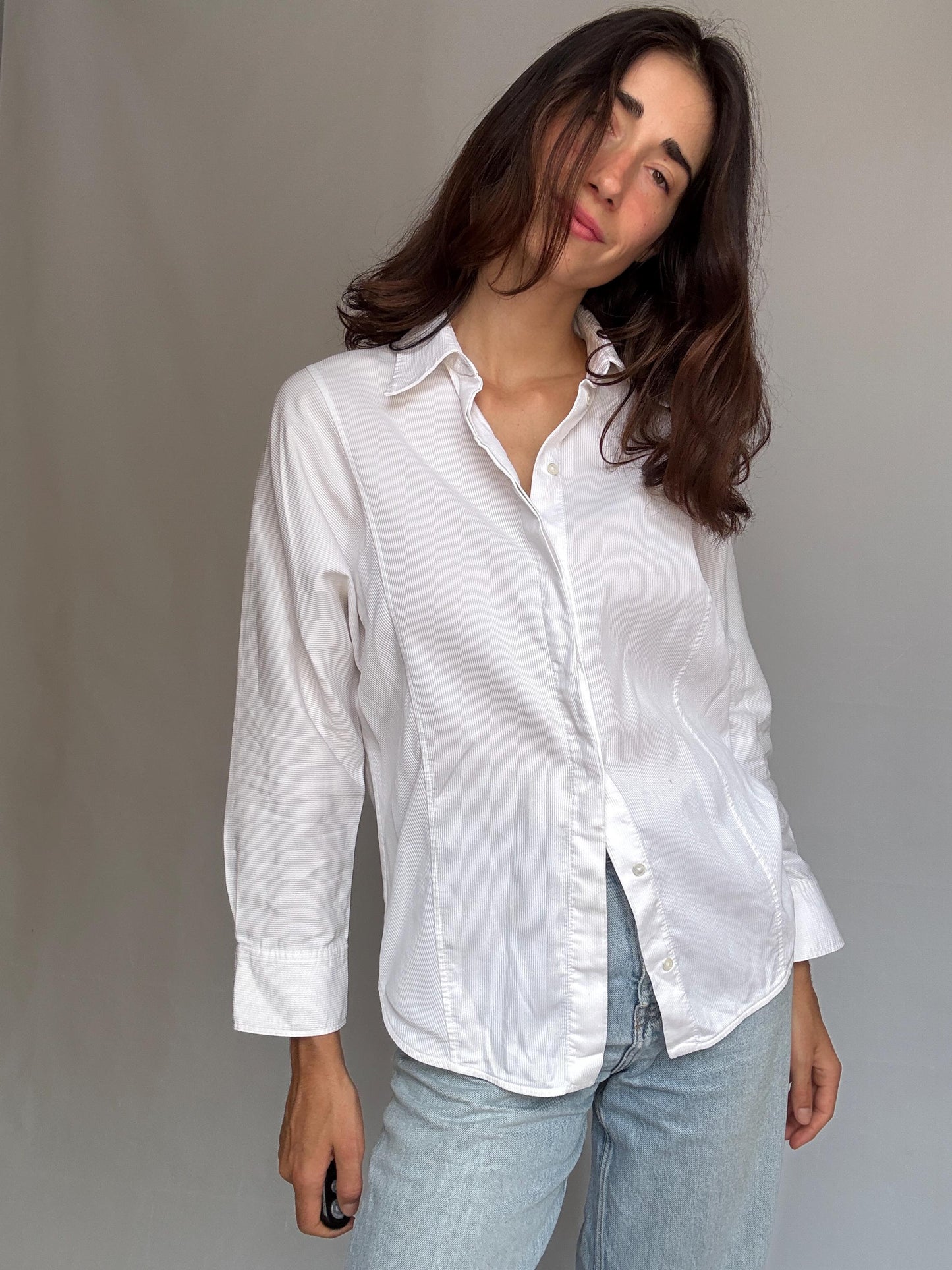 Massimo Dutti white ribbed shirt, relaxed fit button, up, minimalist design, US S, office casual
