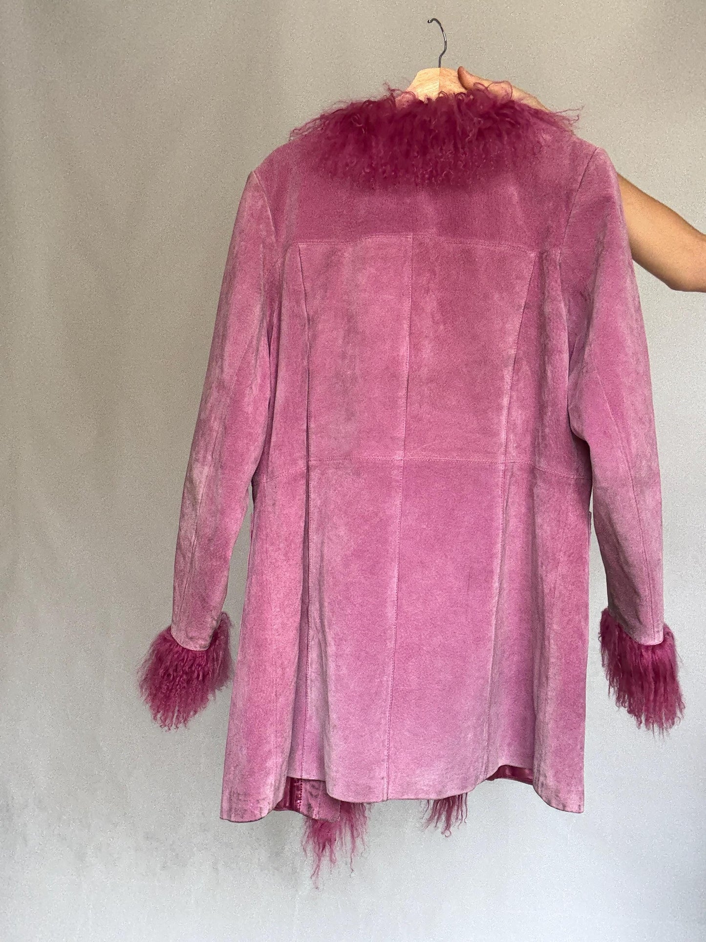 Vintage pink suede shearling coat, genuine leather, long silhouette, shaggy fur trim, retro 70s bold style, US XL, statement piece