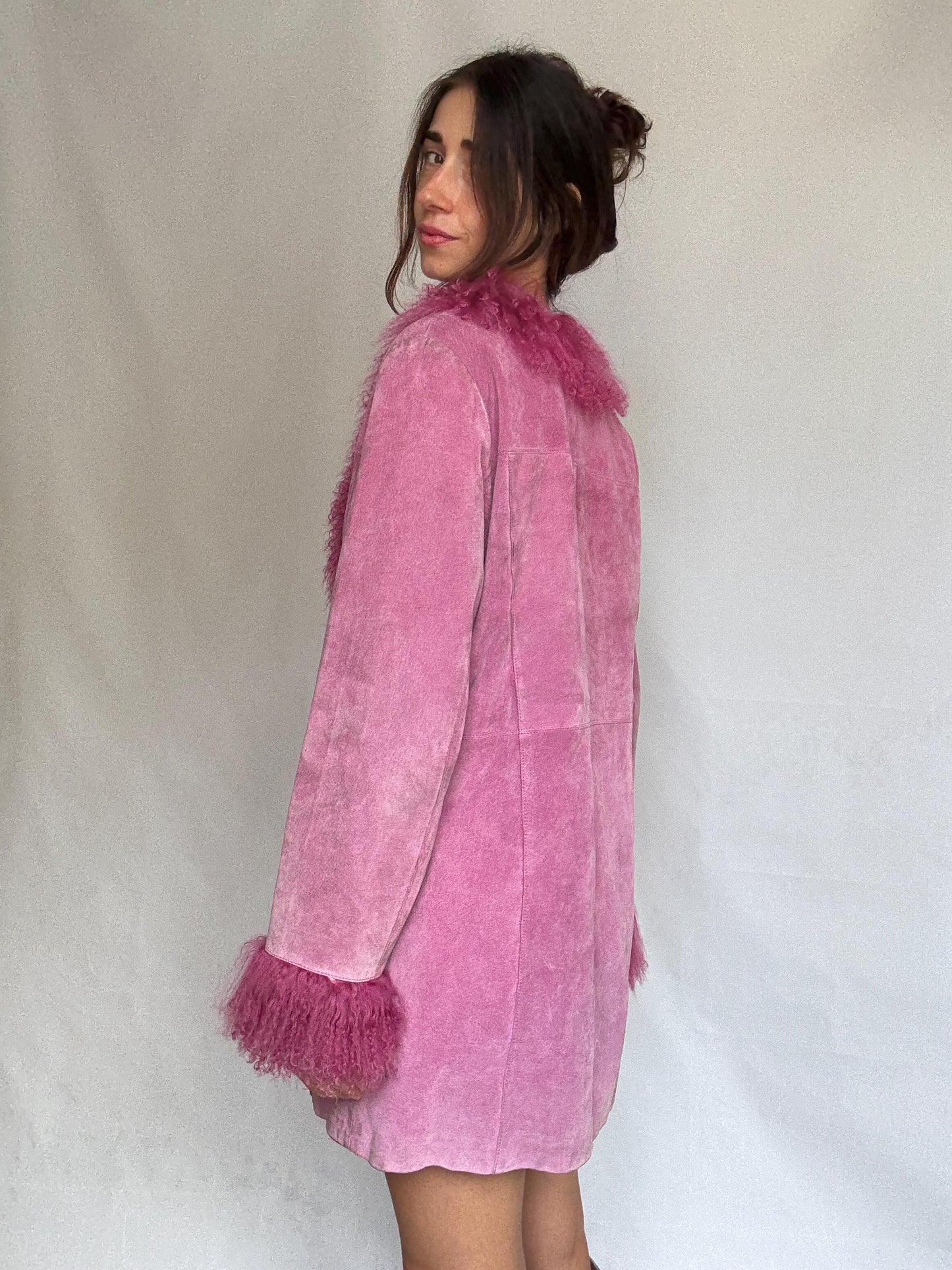 Vintage pink suede shearling coat, genuine leather, long silhouette, shaggy fur trim, retro 70s bold style, US XL, statement piece