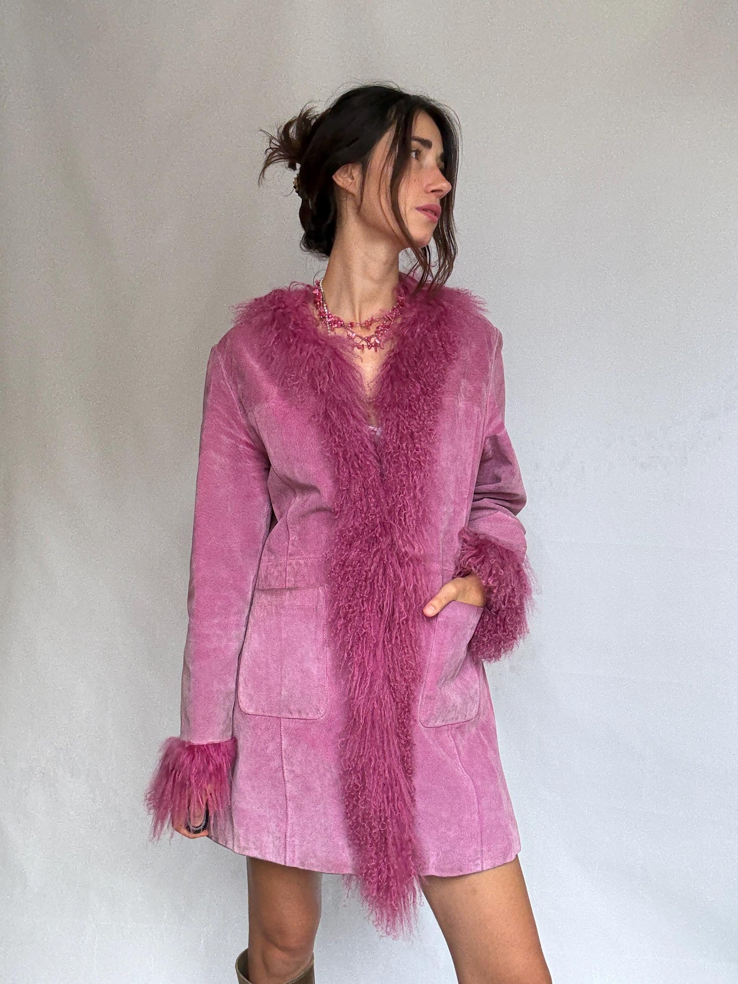 Vintage pink suede shearling coat, genuine leather, long silhouette, shaggy fur trim, retro 70s bold style, US XL, statement piece