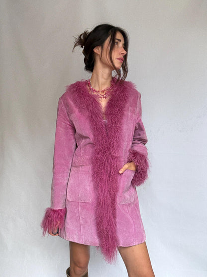 Vintage Pink Suede Shearling Coat