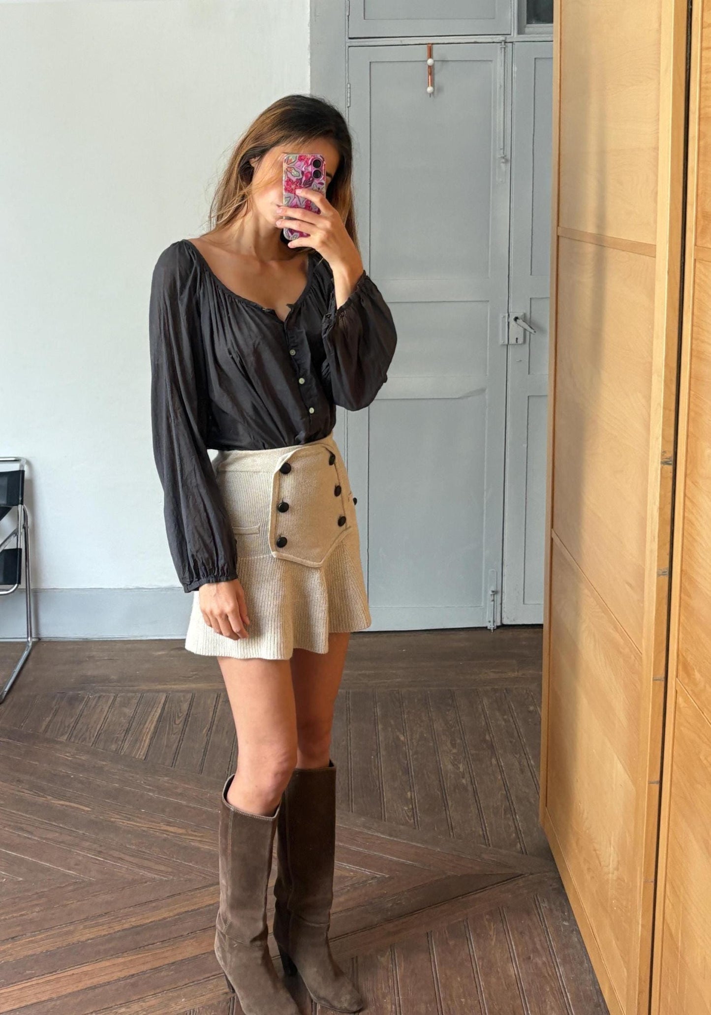 Grey sheer blouse, See through summer shirt with mother of pearl buttons, open neckline romantic holiday wear, US L, street style