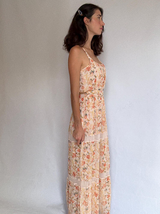 Maison Hotel peach floral maxi dress, cotton lining, flowy fit, side zipper, gold threading, bohemian Rosie huntington, whiteley, US XS