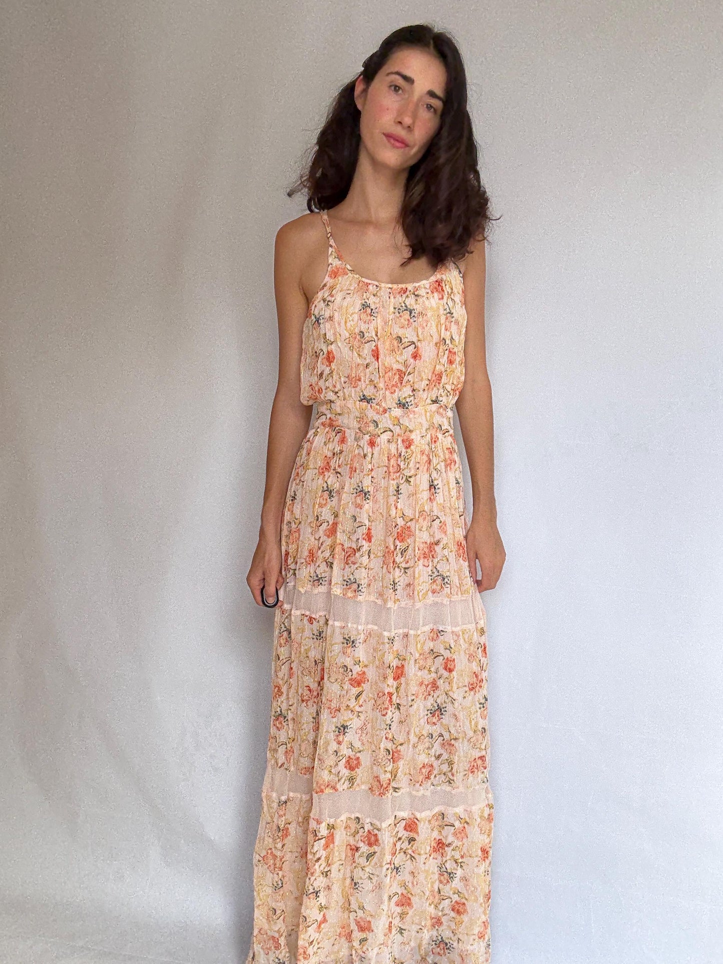 Maison Hotel peach floral maxi dress, cotton lining, flowy fit, side zipper, gold threading, bohemian Rosie huntington, whiteley, US XS