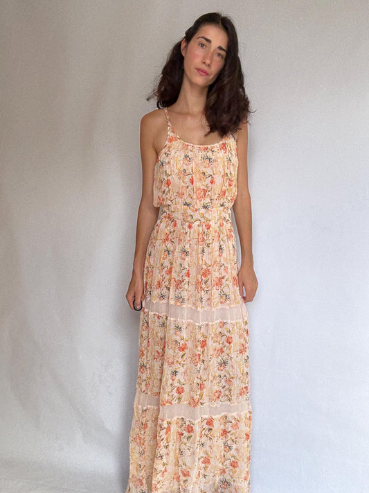 Maison Hotel peach floral maxi dress, cotton lining, flowy fit, side zipper, gold threading, bohemian Rosie huntington, whiteley, US XS