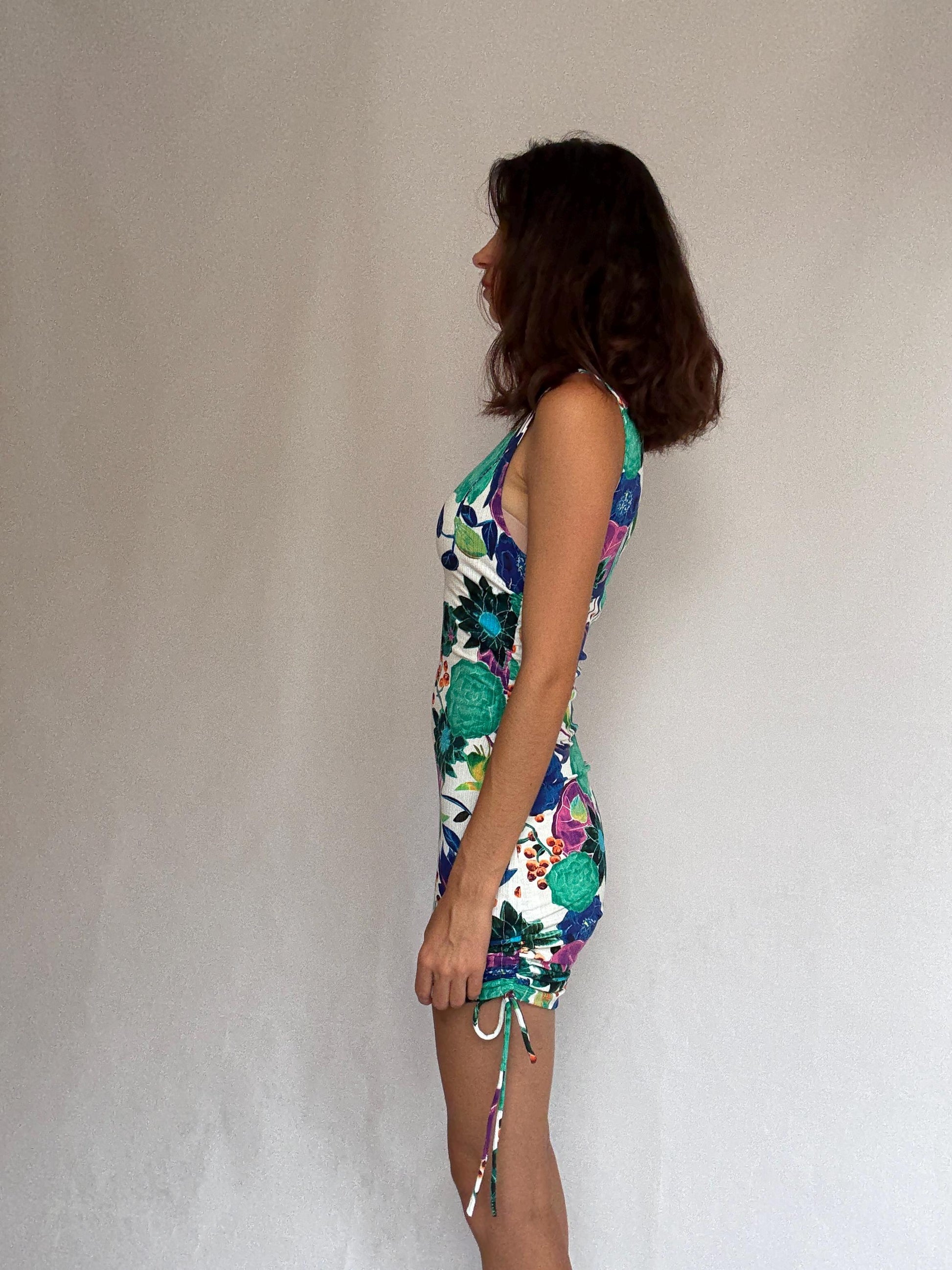 Desigual floral mini dress, feminine fitted silhouette, ribbed texture, adjustable drawstrings, retro 90s, US S, party streetwear